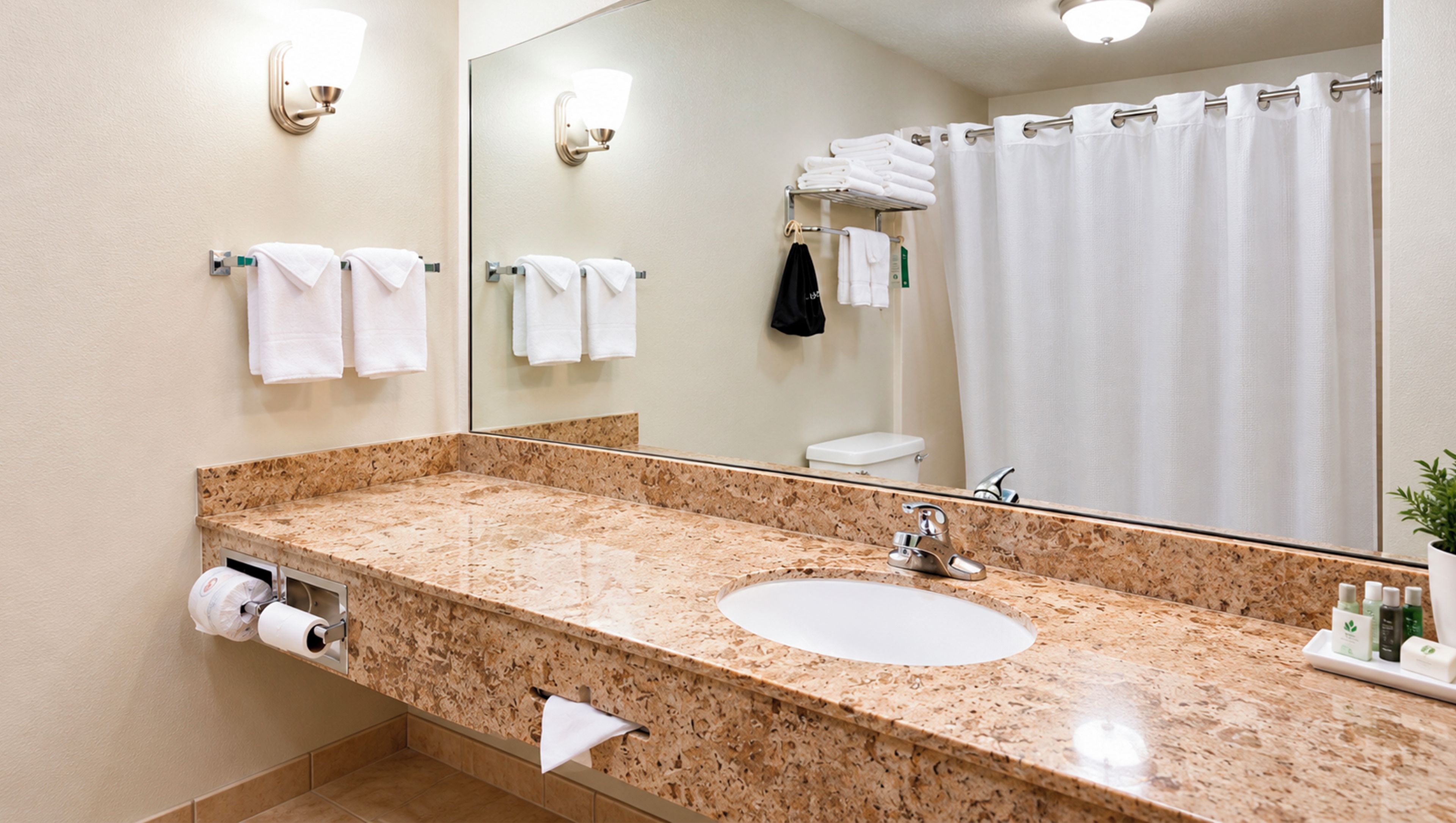 A bathroom with a granite countertop, a sink, a toilet, a mirror, and a shower curtain.
