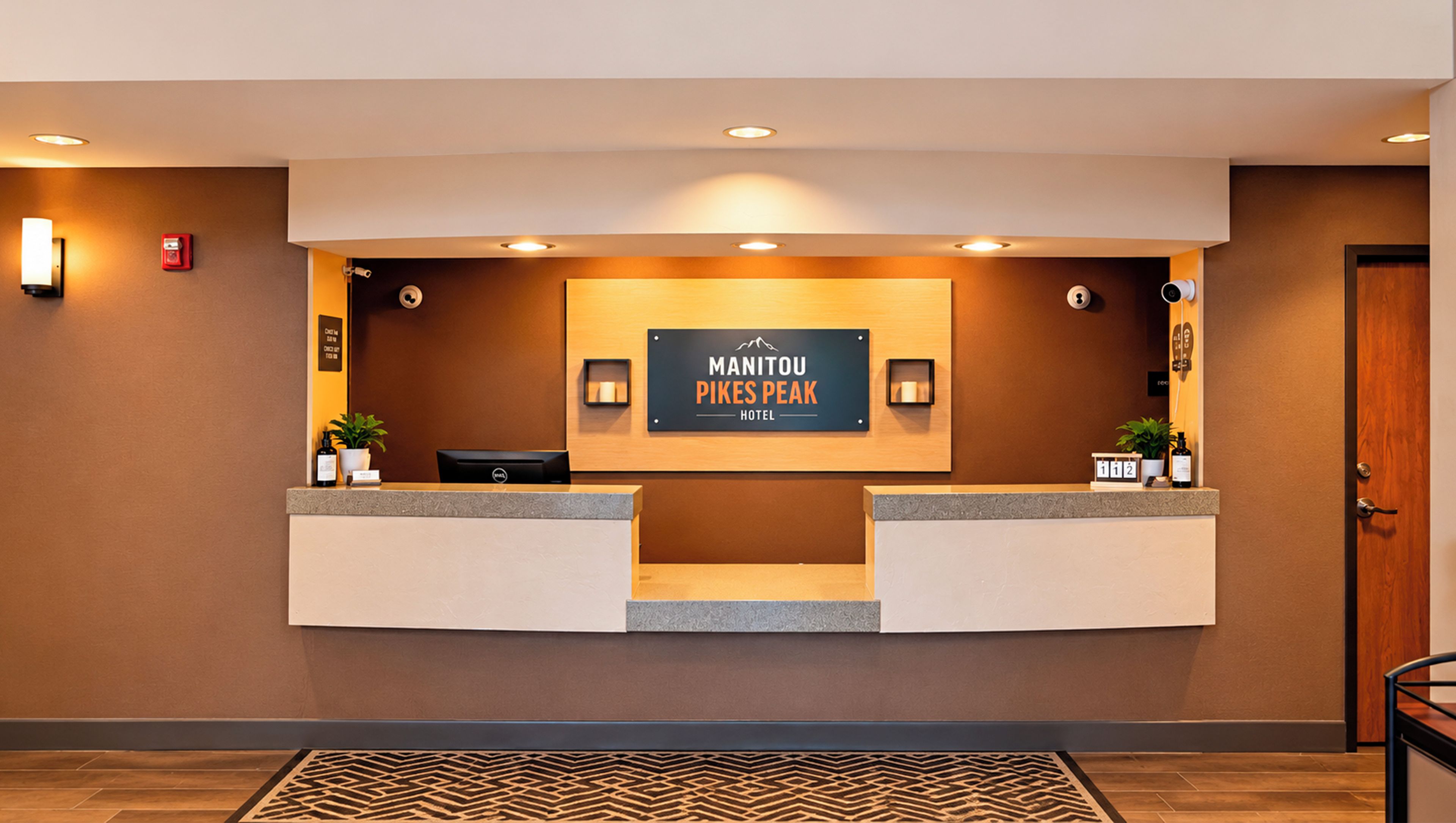 Una recepción de hotel con un cartel que dice 'Manitou Pines Peak Hotel', un área de recepción con un escritorio, sillas y una planta pequeña.