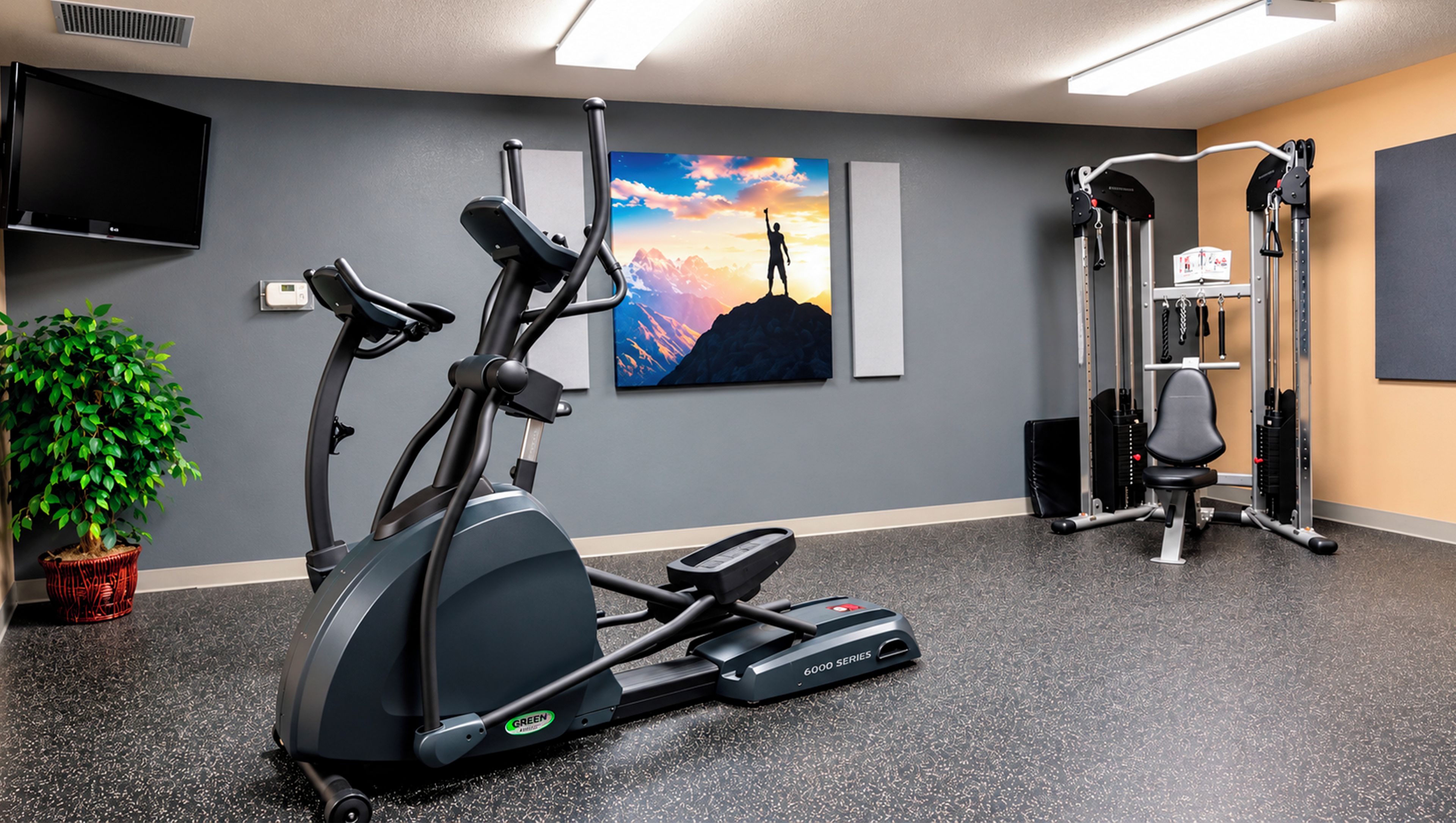 Ein Fitnessraum mit Crosstrainer, Wandfernseher, einem Gemälde und Krafttrainingsgerät.