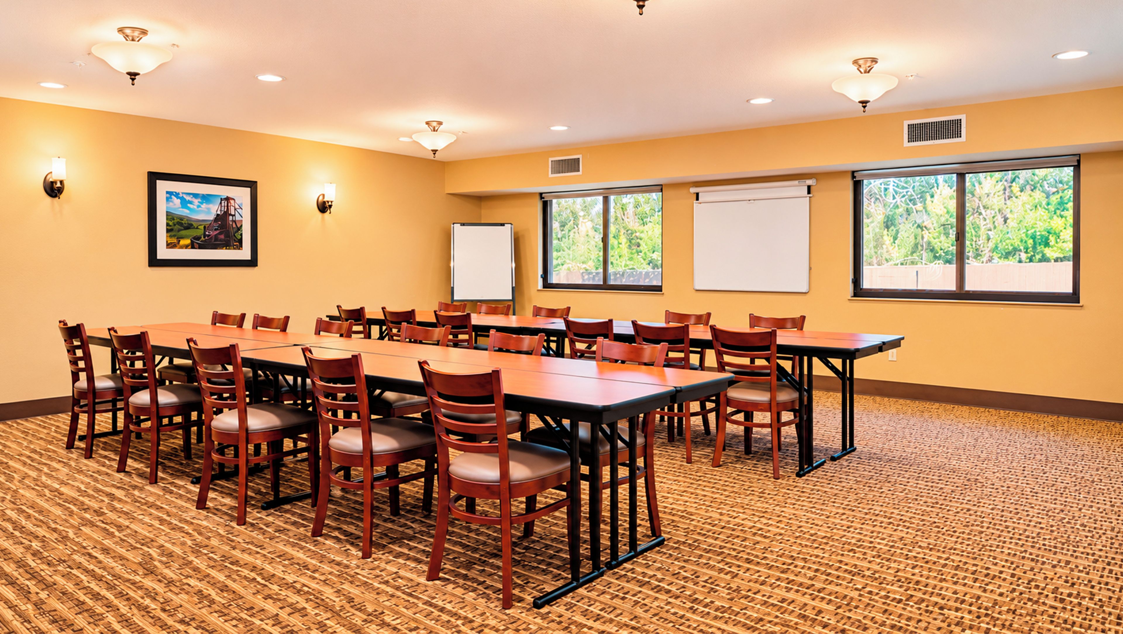 A conference room with a long table, chairs, a projector screen, and a large window with a view of trees.