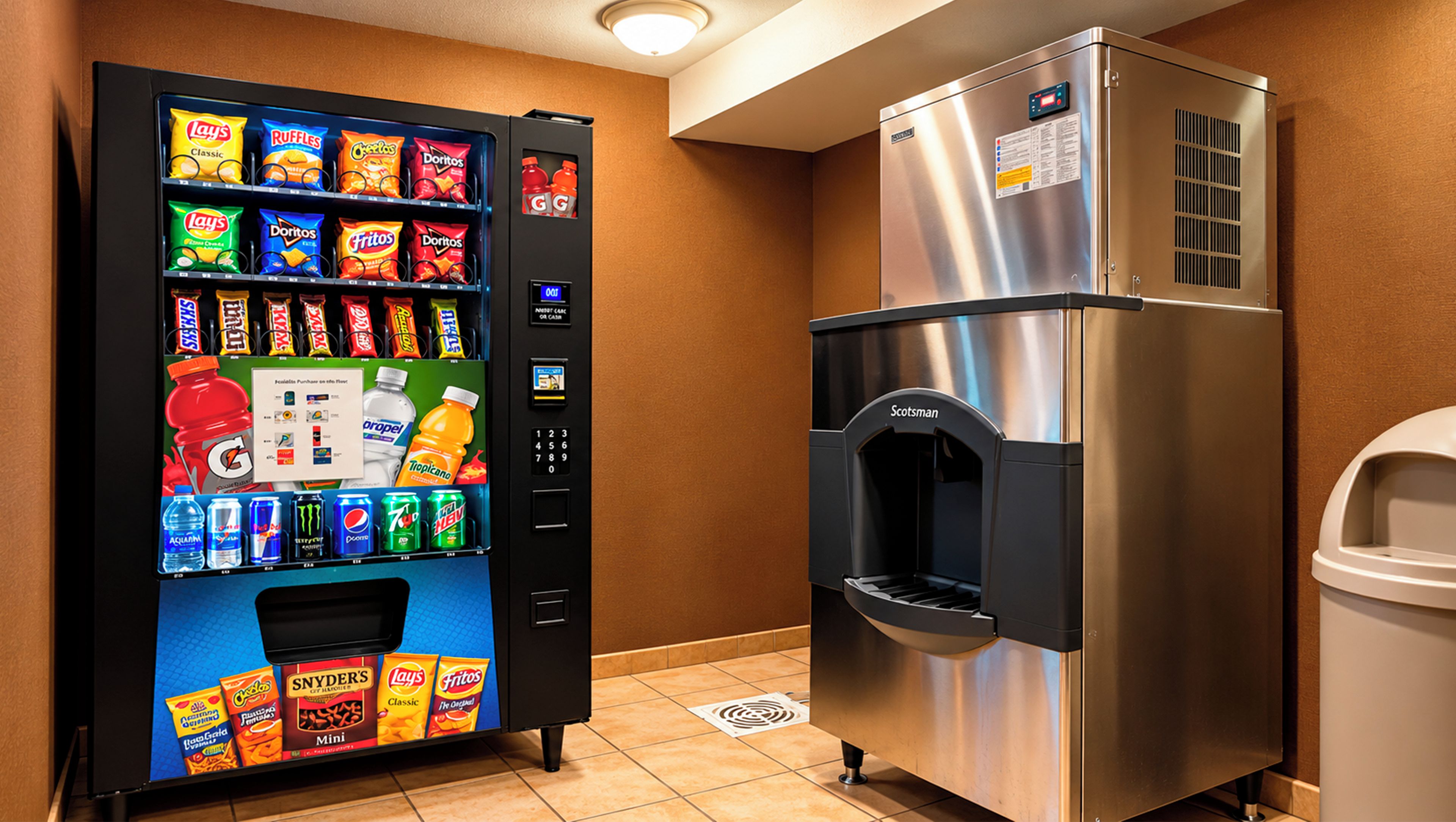 A vending machine with snacks and drinks, and a stainless steel refrigerator.