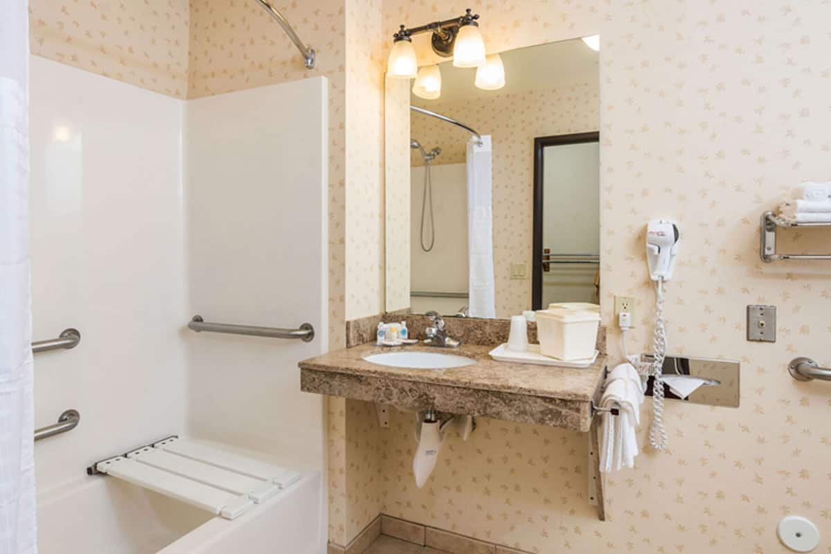 1 king bed nonsmoking handicap accessible | bathroom | combined shower/bathtub, free toiletries, hair dryer, towels
