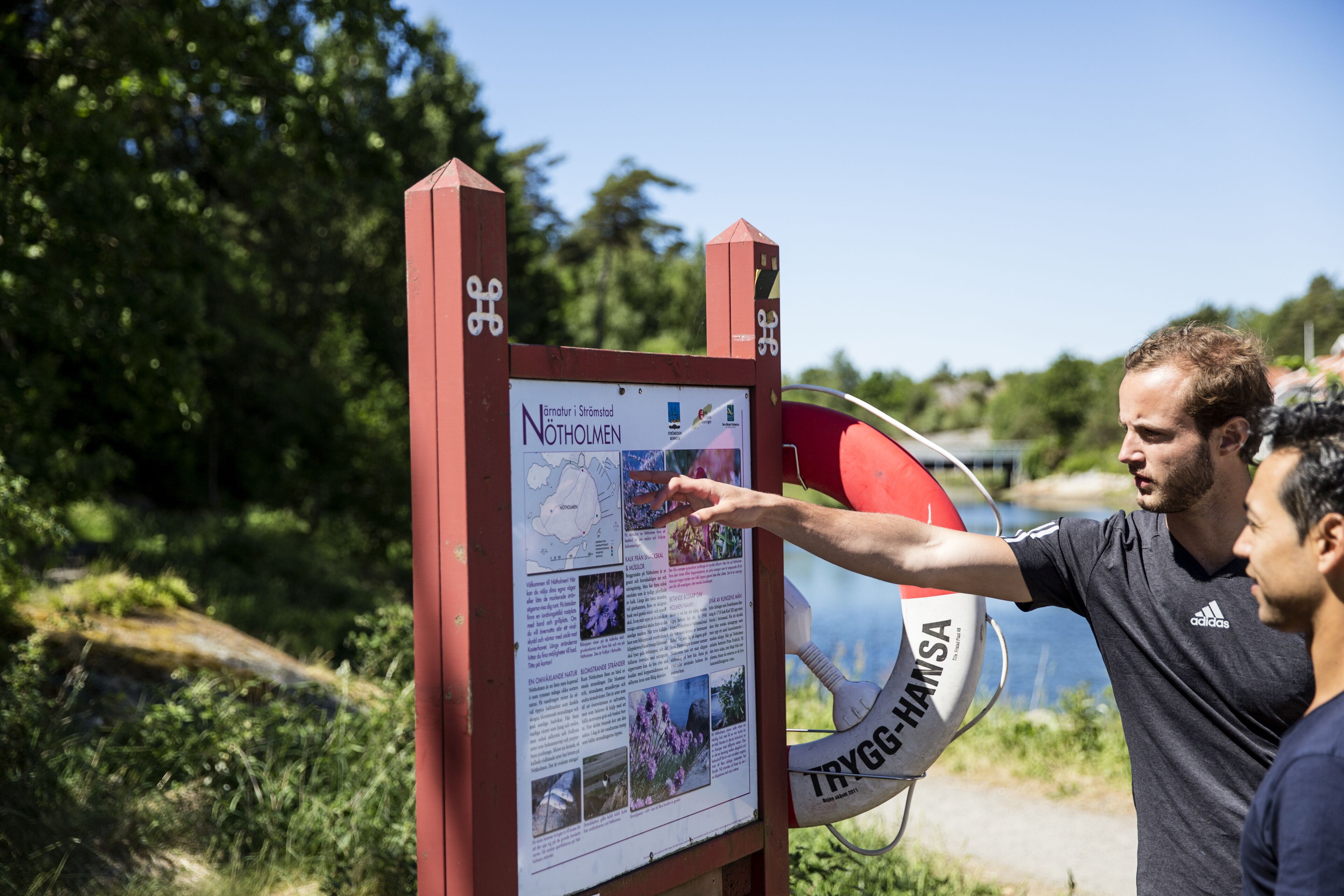Un panneau d’information rouge, avec du texte et des images, fixé sur un poteau.