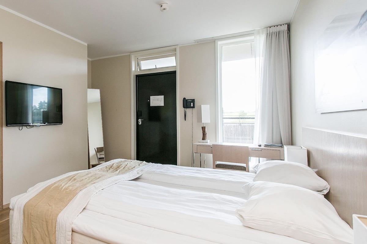 A hotel room with a bed, a desk, a chair, a TV, a door, and a window.