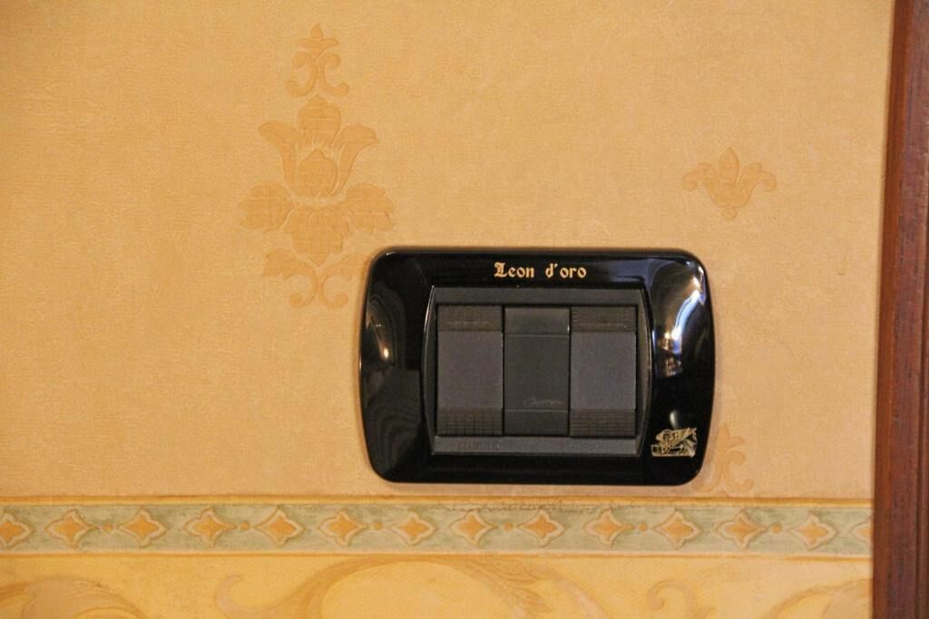 A black intercom with the brand name "Leon d'Or" on a beige wall with floral patterns and a decorative border.