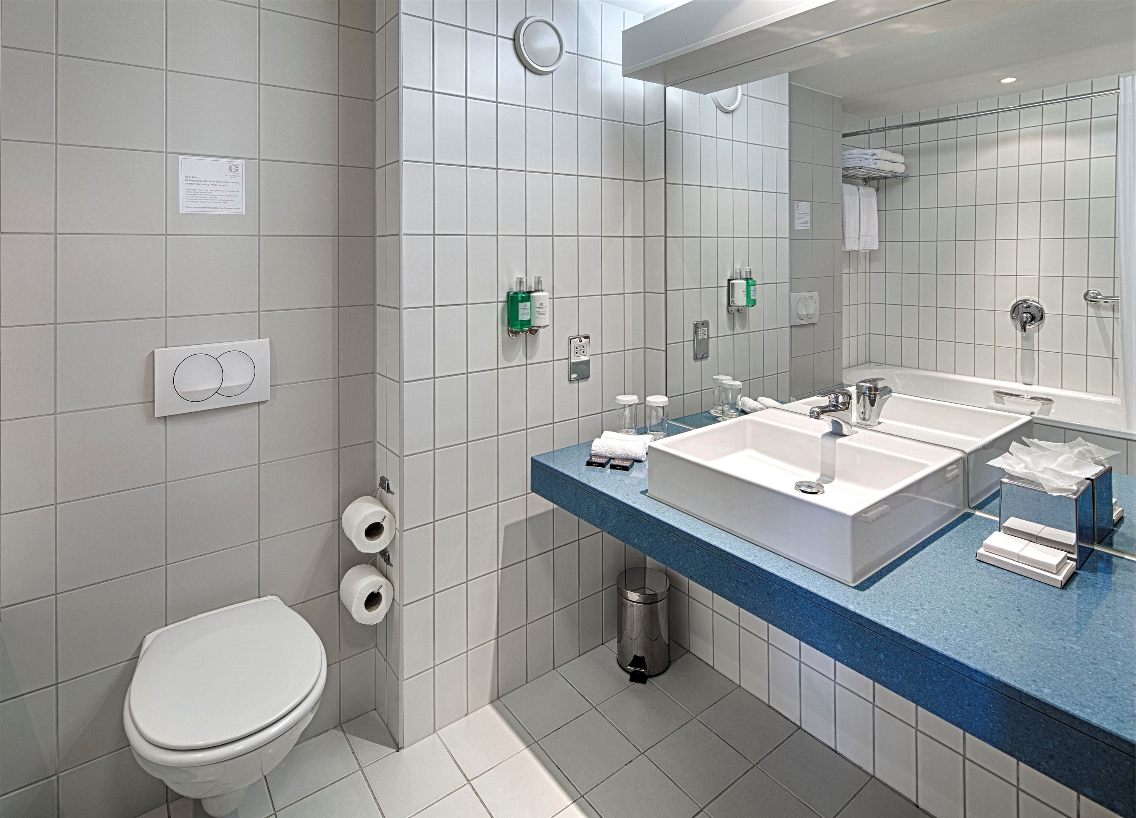 combined shower/bathtub, free toiletries, hair dryer, towels