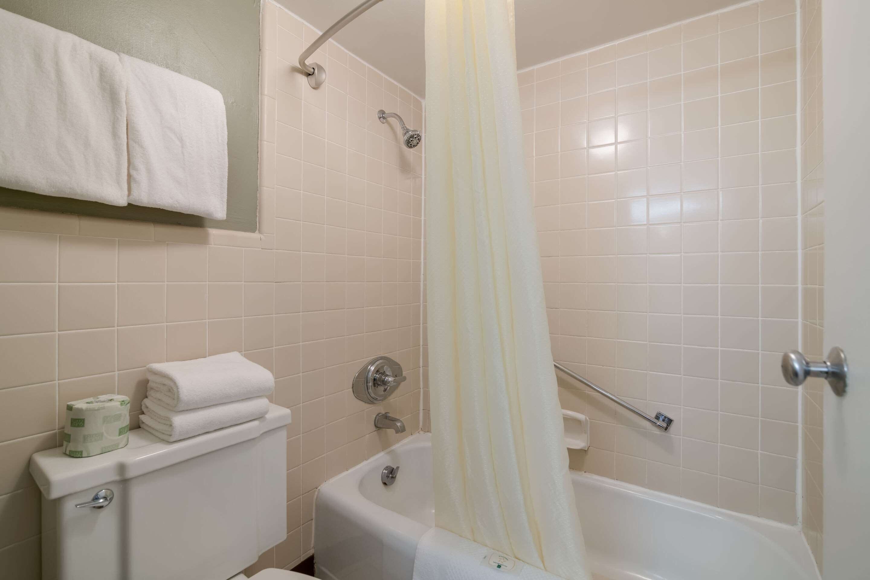 A bathroom with a bathtub, toilet, and shower curtain.