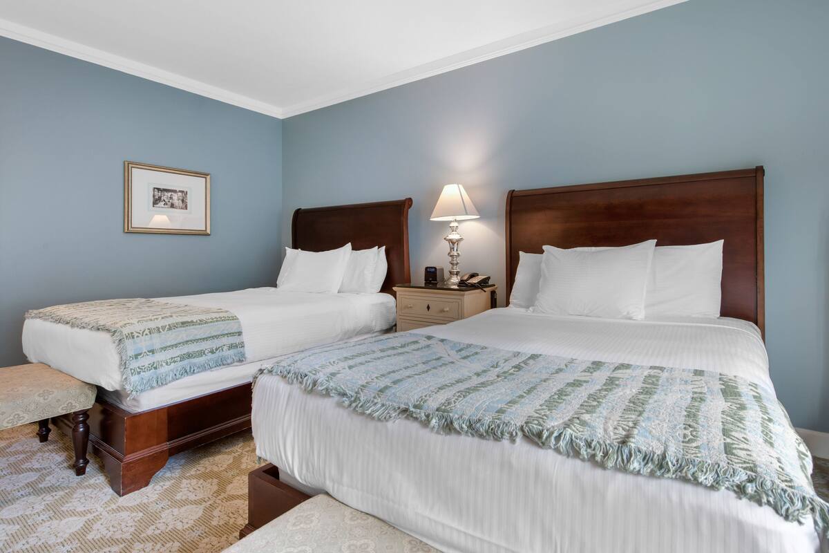 Ein Hotelzimmer mit zwei Betten, einem Nachttisch mit Lampe, einem gerahmten Bild an der Wand und einem gemusterten Teppich.