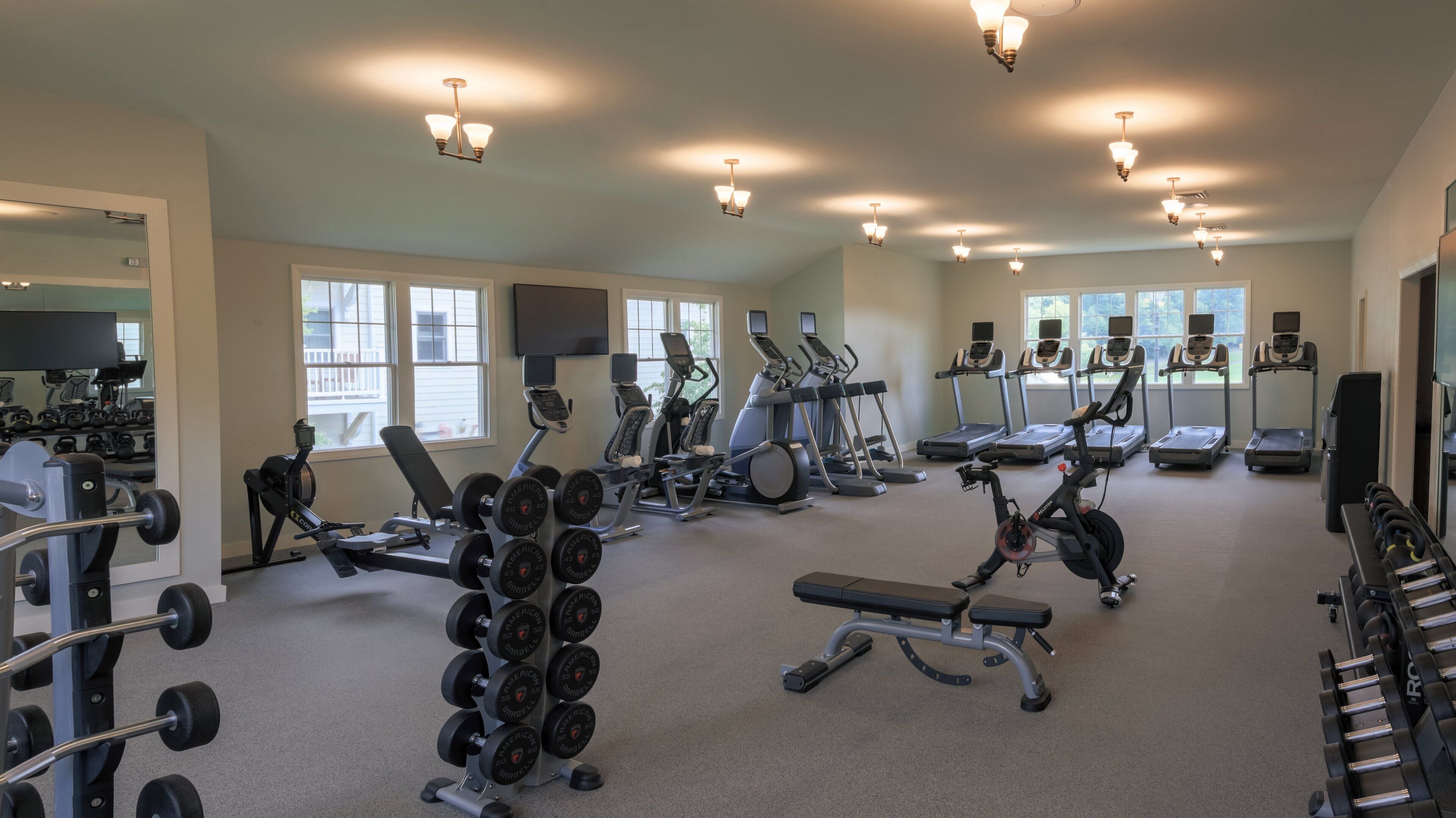 A gym with various exercise equipment, including treadmills, elliptical machines, and weightlifting stations.