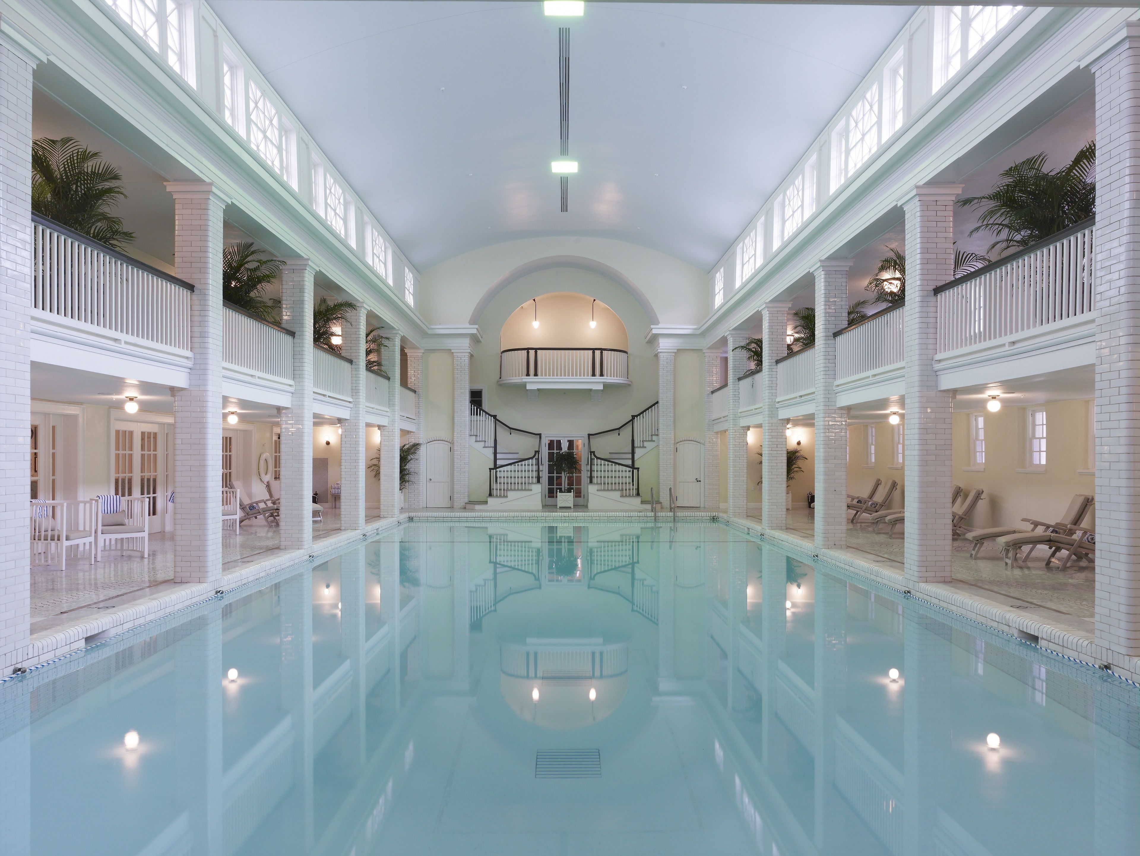 indoor pool, seasonal outdoor pool, pool umbrellas, pool loungers