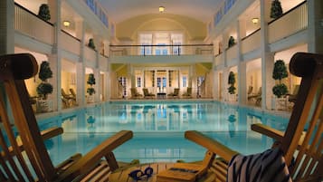 Indoor pool, seasonal outdoor pool, pool umbrellas, pool loungers