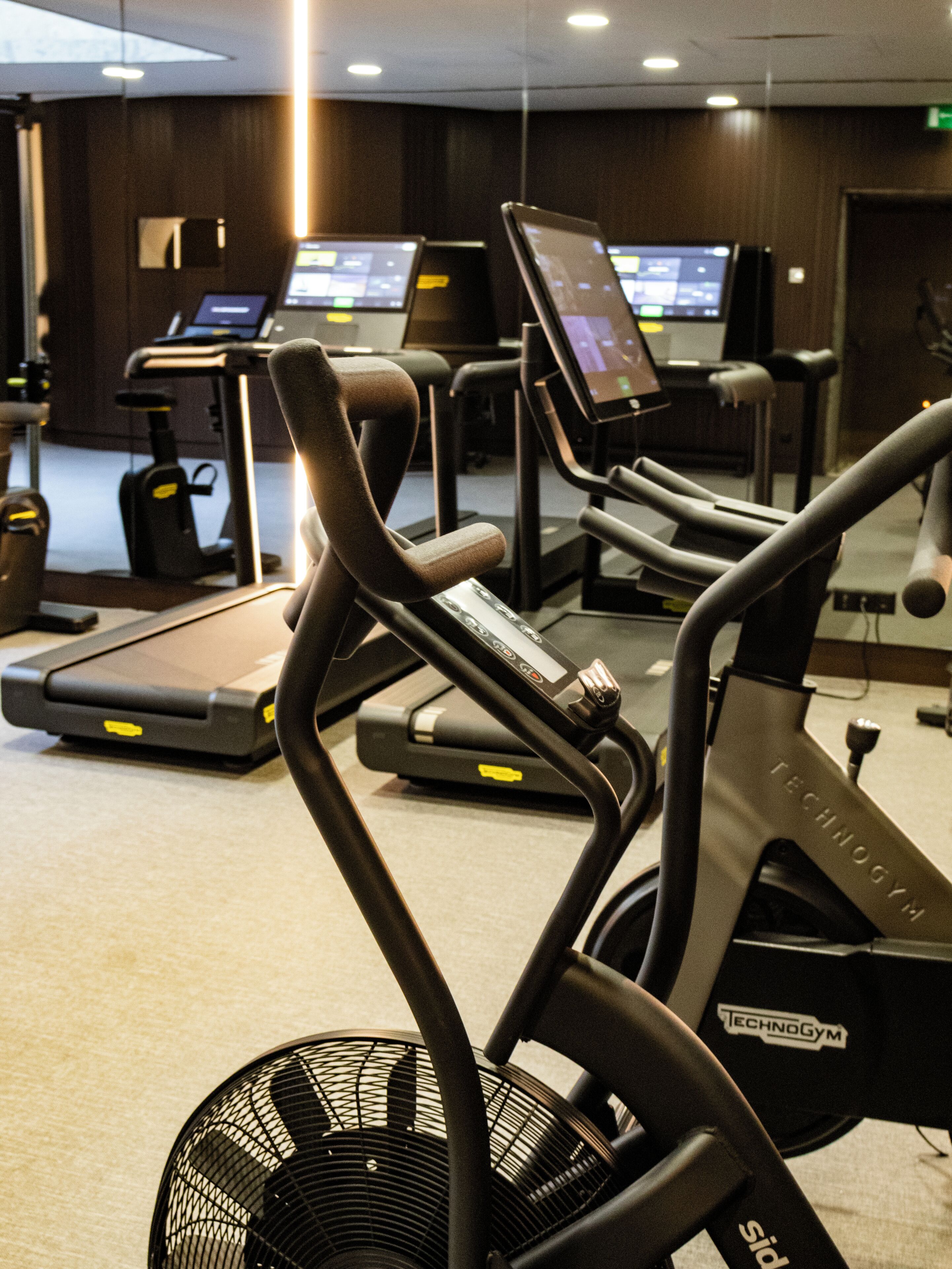 Ein Fitnessraum mit Laufbändern, Ergometer und einem Ventilator.
