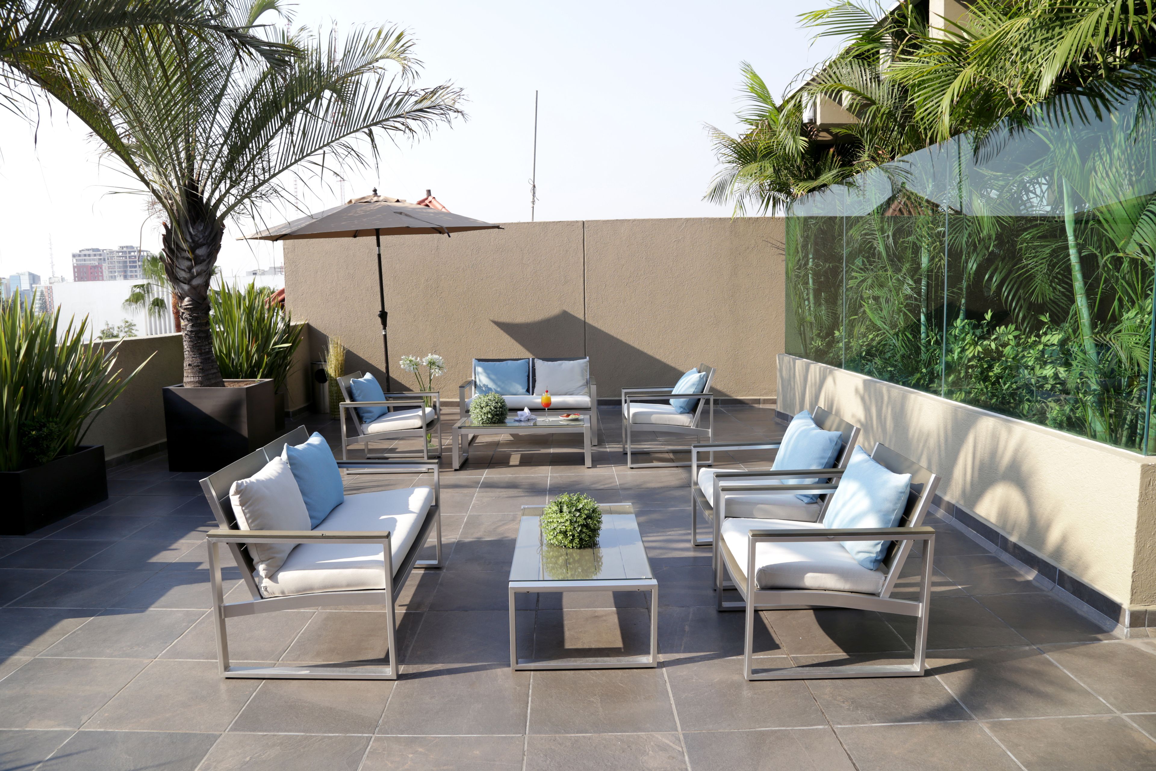 Terraza en la azotea con mobiliario exterior, palmeras y vistas de la ciudad.