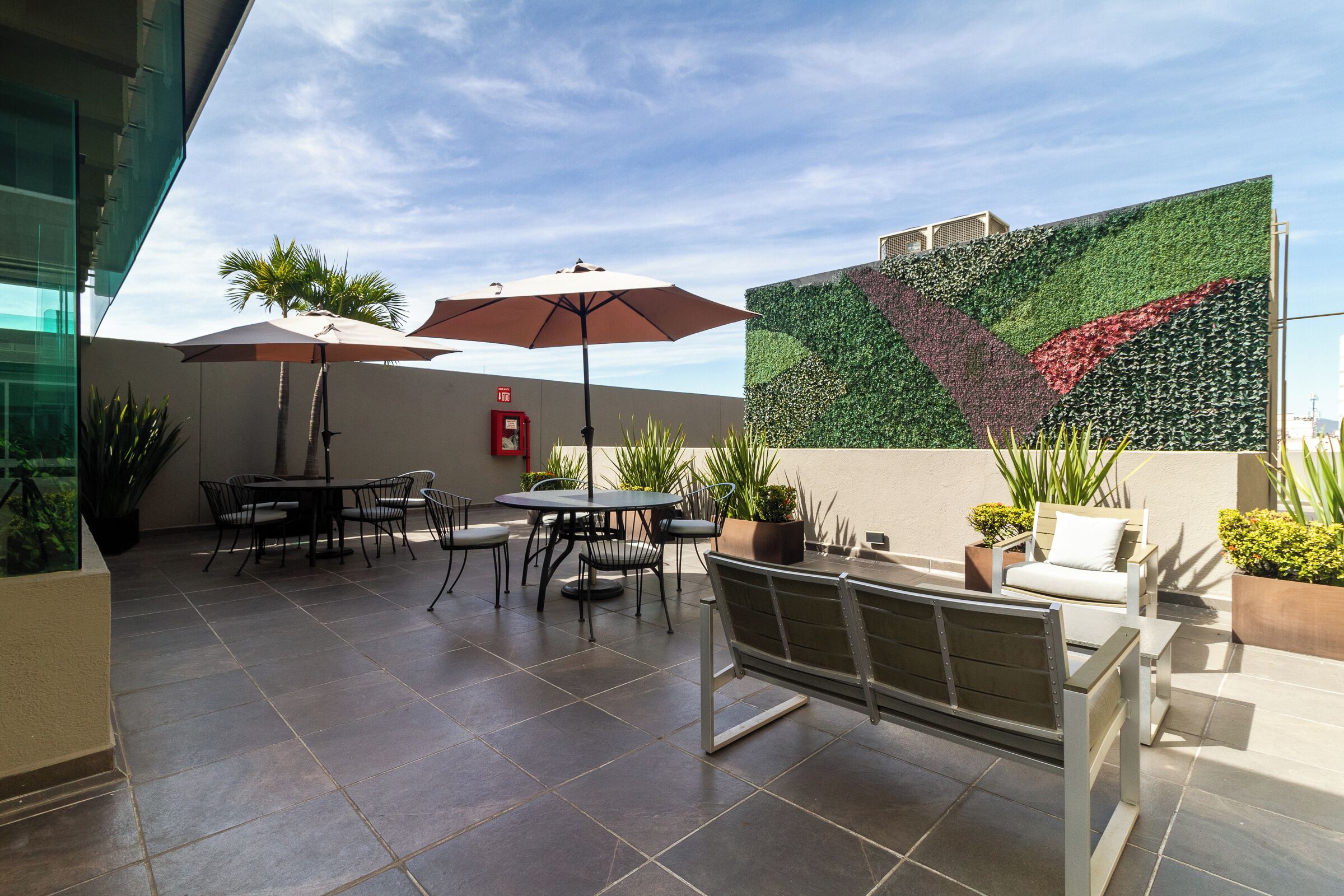 Un área de patio al aire libre con mesas, sillas, sombrillas y plantas en macetas.