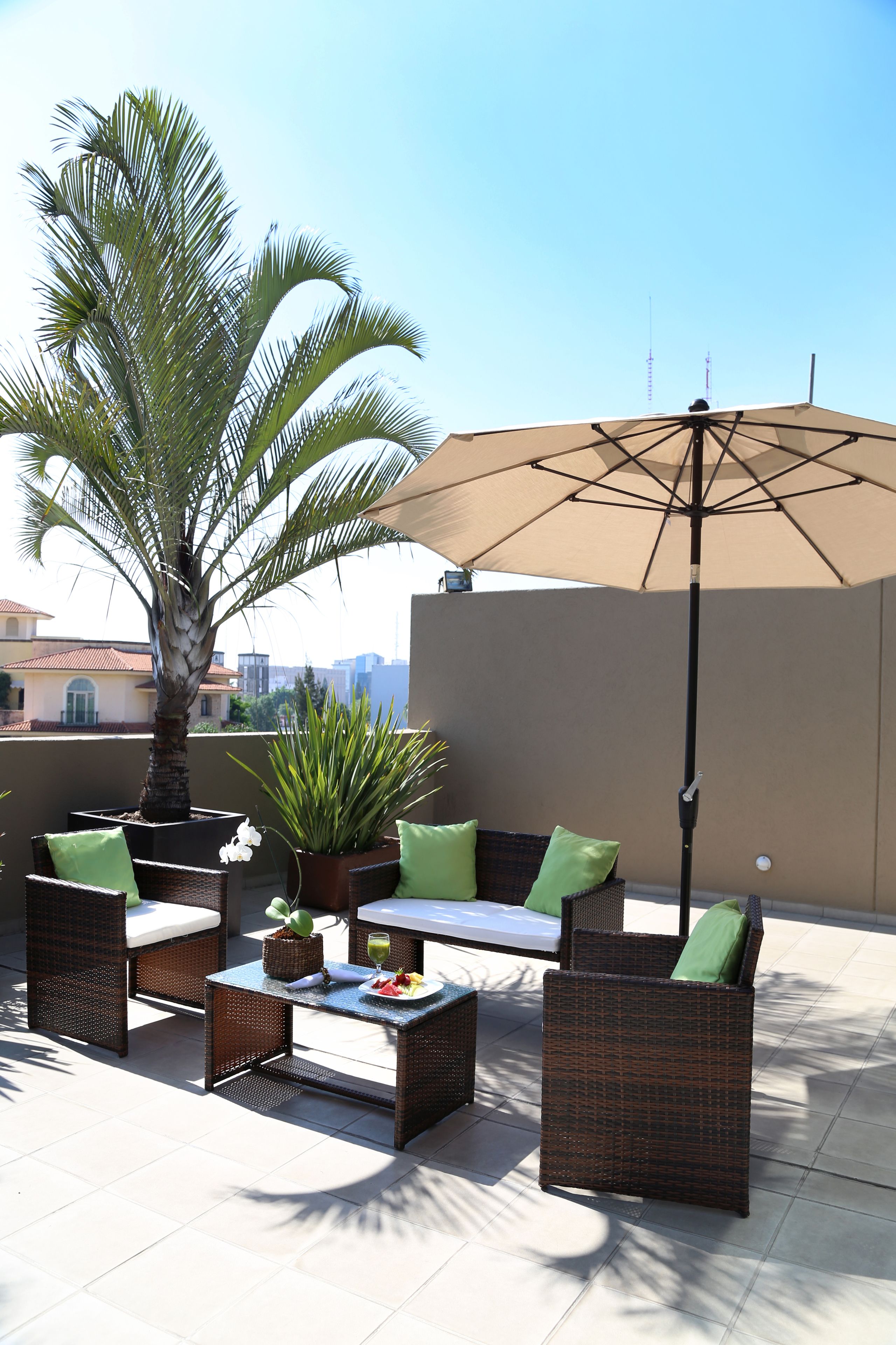 An outdoor patio with wicker furniture, a palm tree, and a large umbrella.