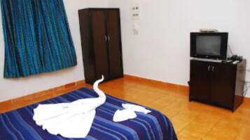 A room with a bed, a wardrobe, a television, and a curtain.