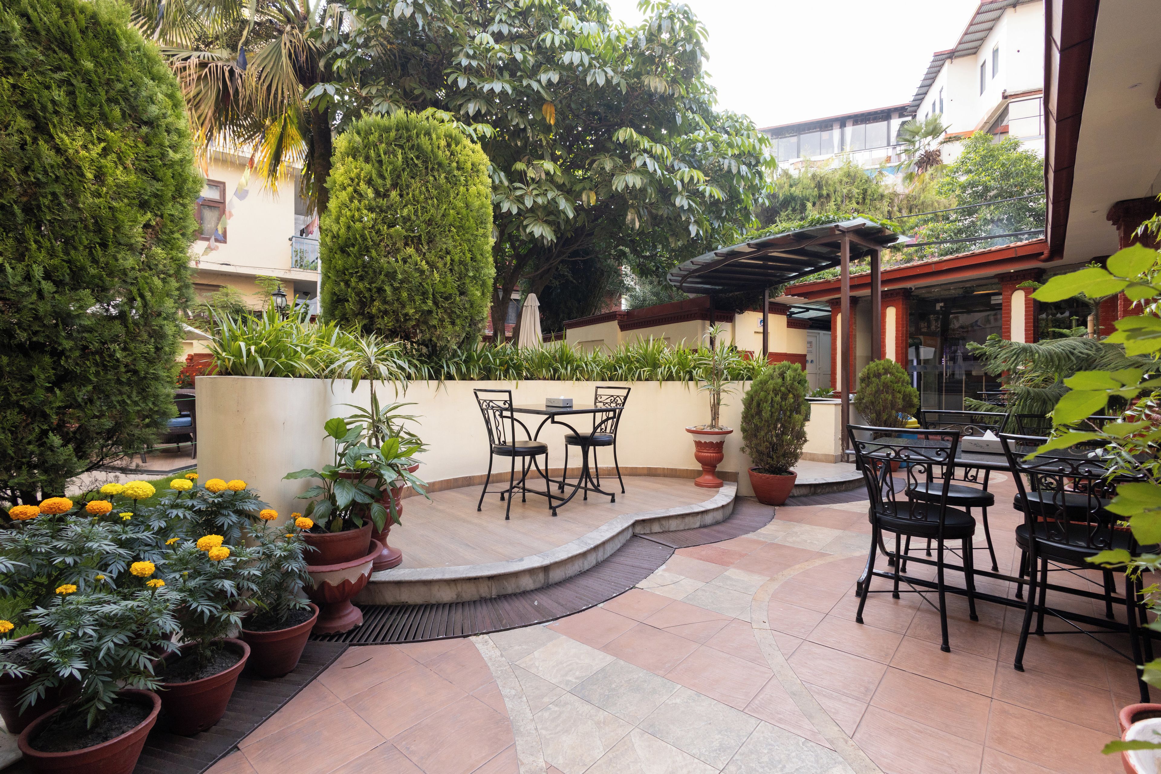 An outdoor patio area with a round table and chairs, surrounded by potted plants and a variety of trees.