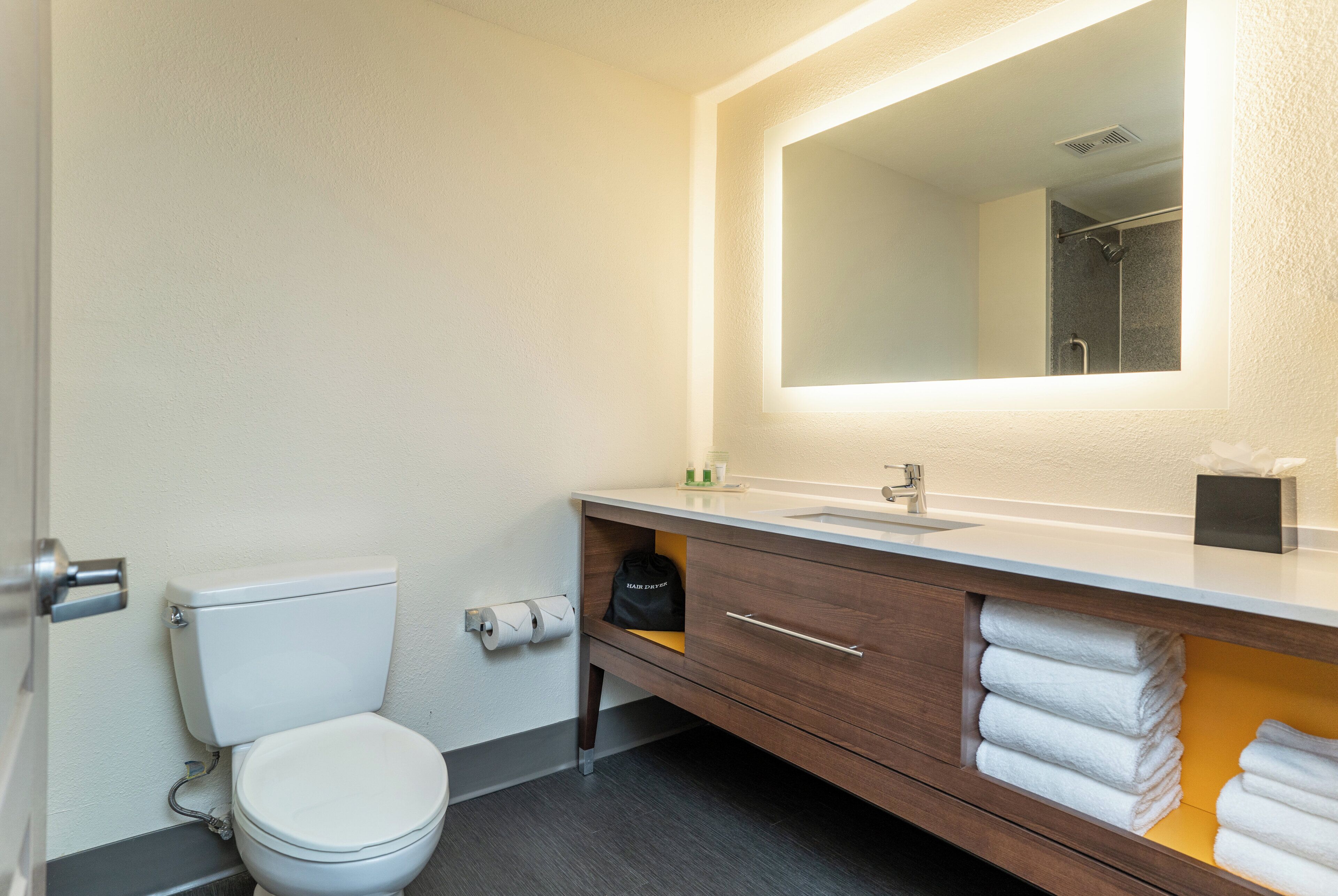 A bathroom with a toilet, sink, mirror, towel rack, and a hair dryer.