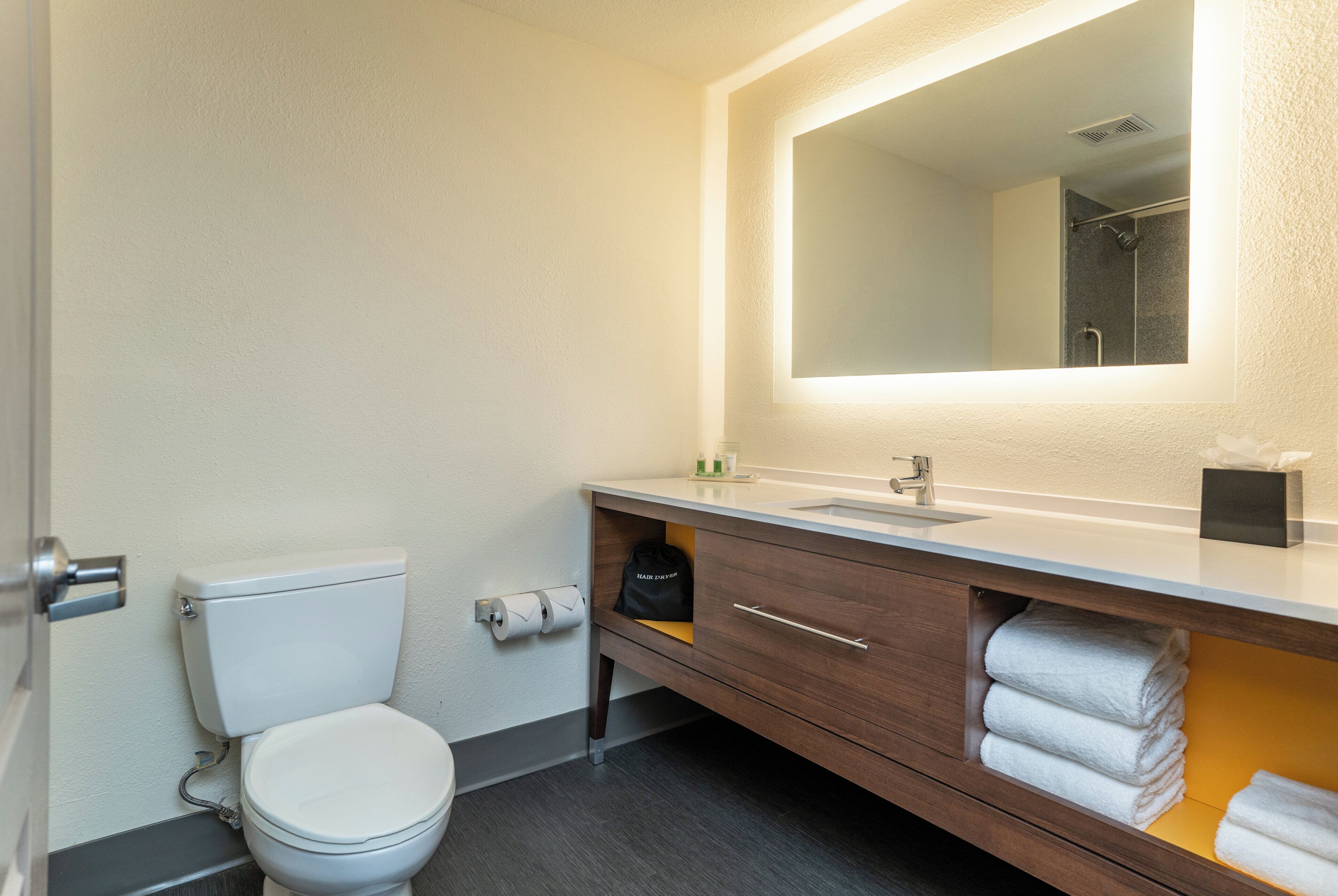 A modern bathroom with a toilet, a sink, a mirror, and a towel rack.