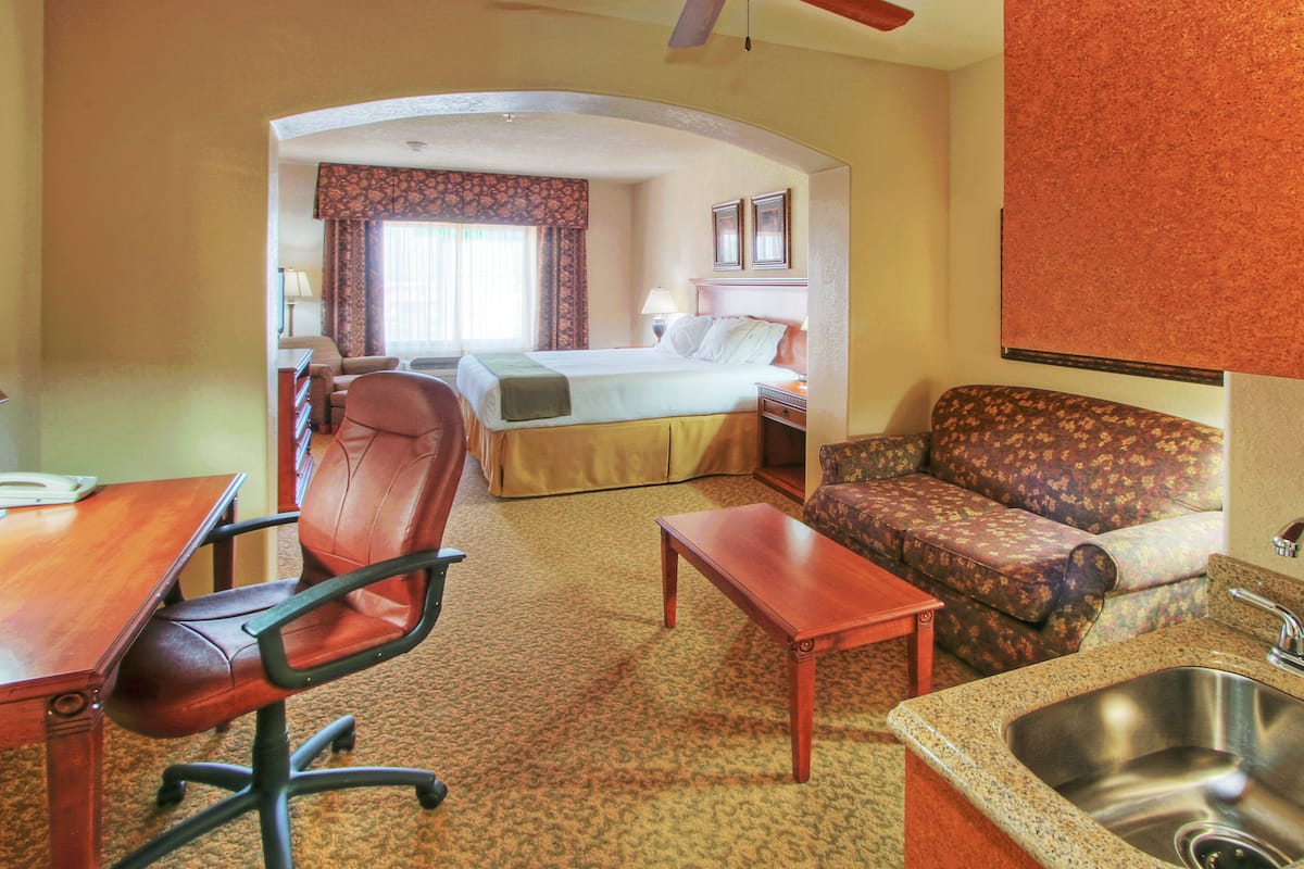 A hotel room with a bed, a sofa, a desk, a chair, and a kitchenette.