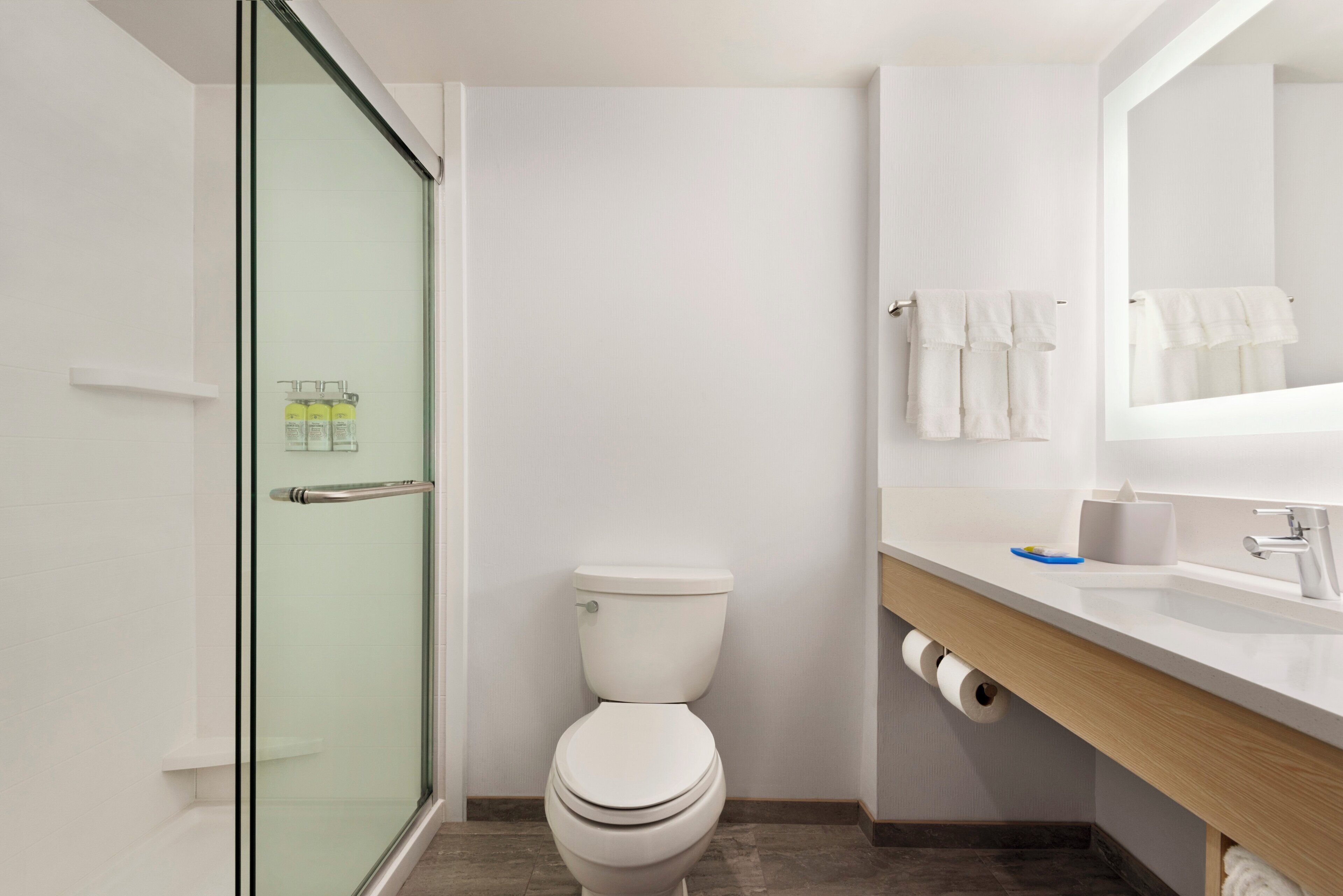 A modern bathroom with a glass shower enclosure, a white toilet, and a wooden vanity with a mirror.