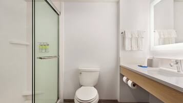 A modern bathroom with a glass shower enclosure, a white toilet, and a wooden vanity with a mirror.