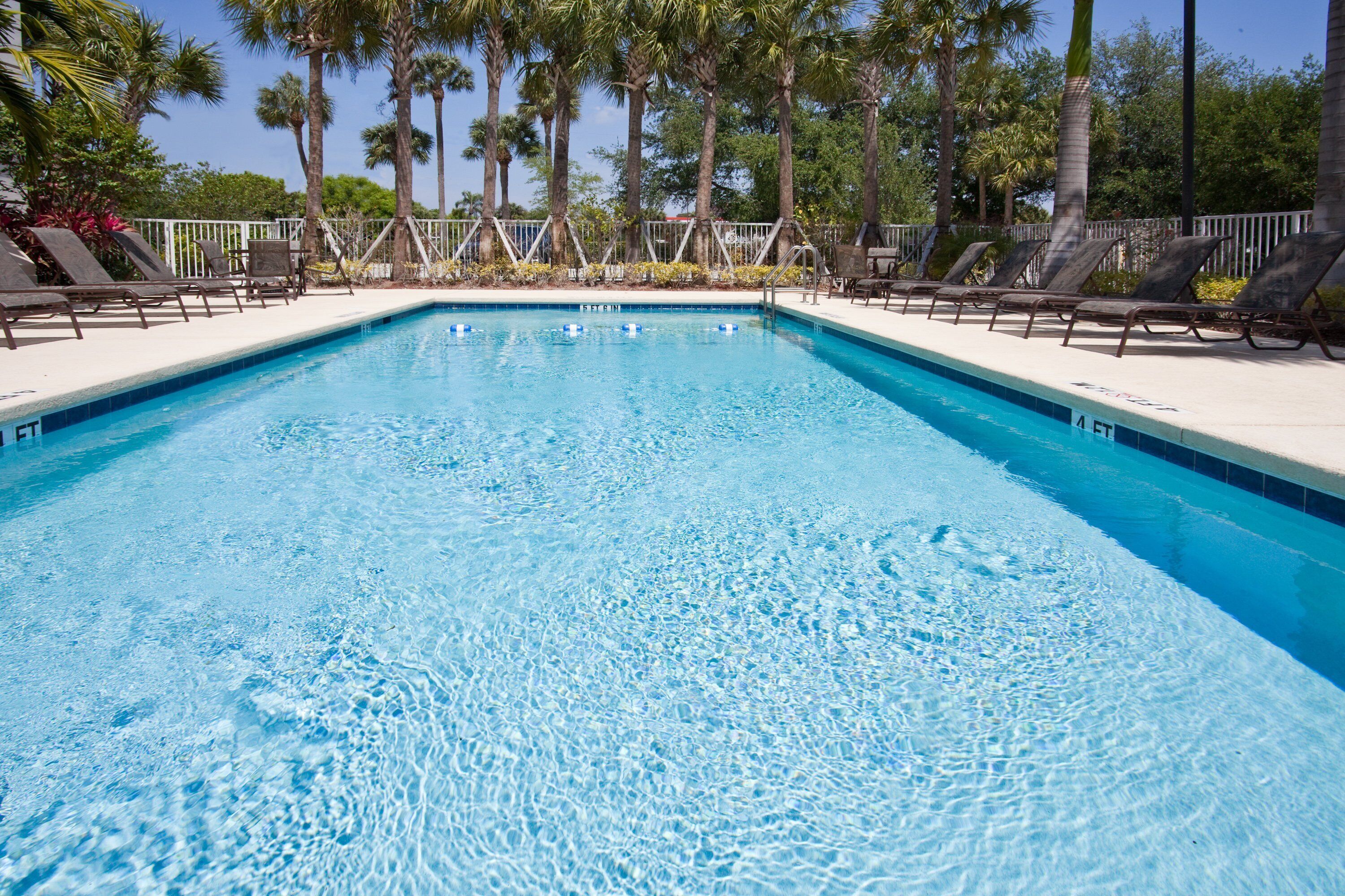 A clear blue pool with lounge chairs and palm trees in the background.
