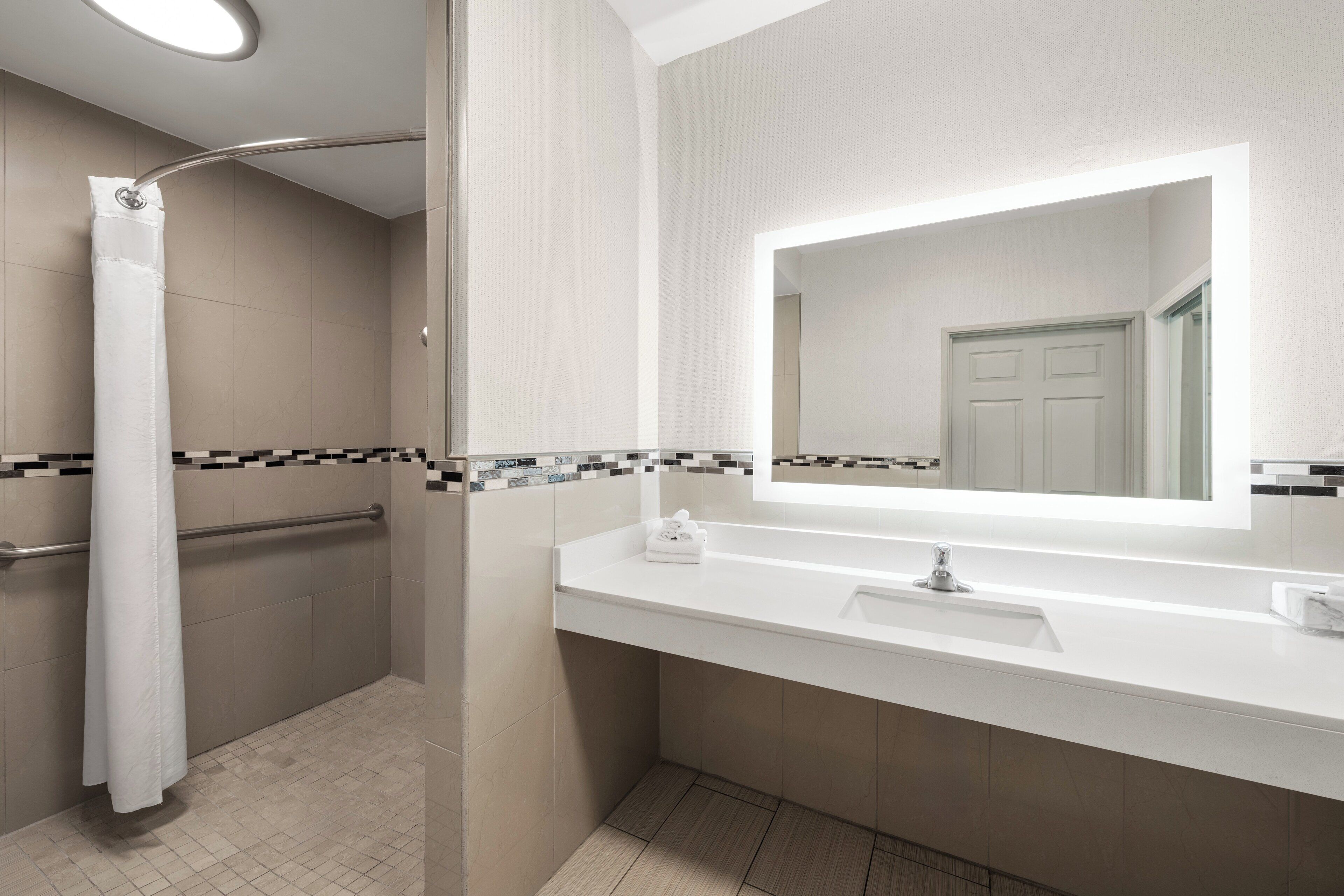 standard room, 1 king bed, roll-in shower (roll-in shower) | bathroom | free toiletries, hair dryer, towels, soap