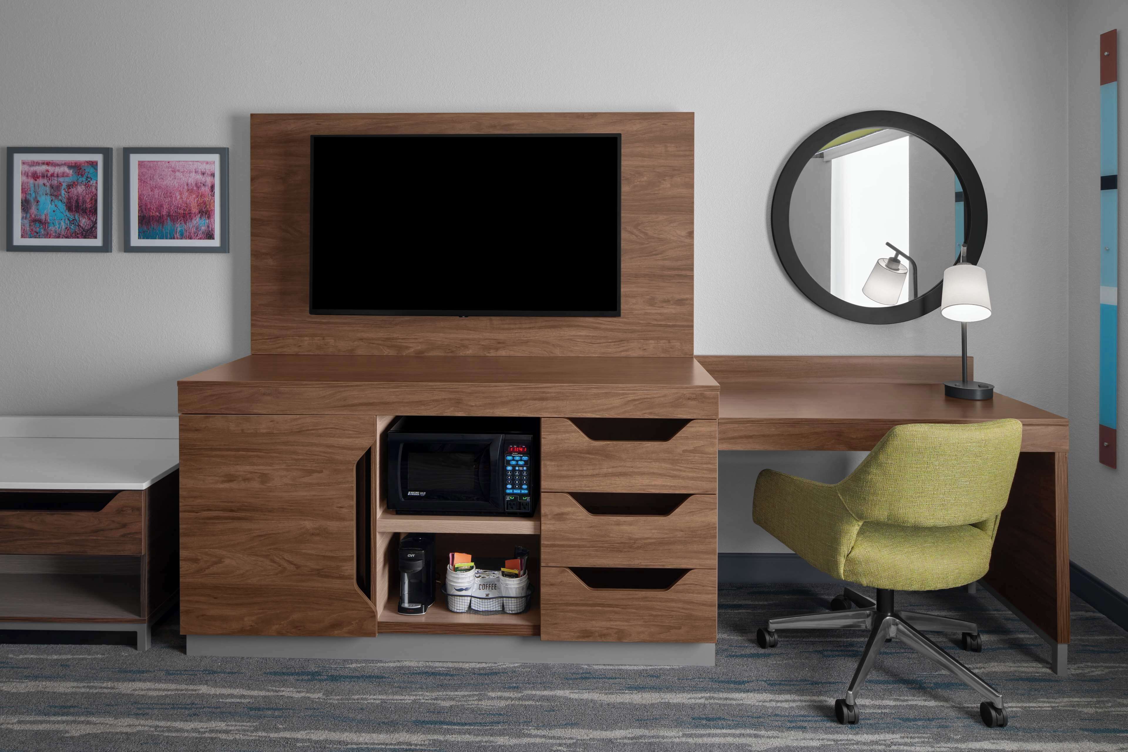 desk, laptop workspace, blackout curtains, iron/ironing board