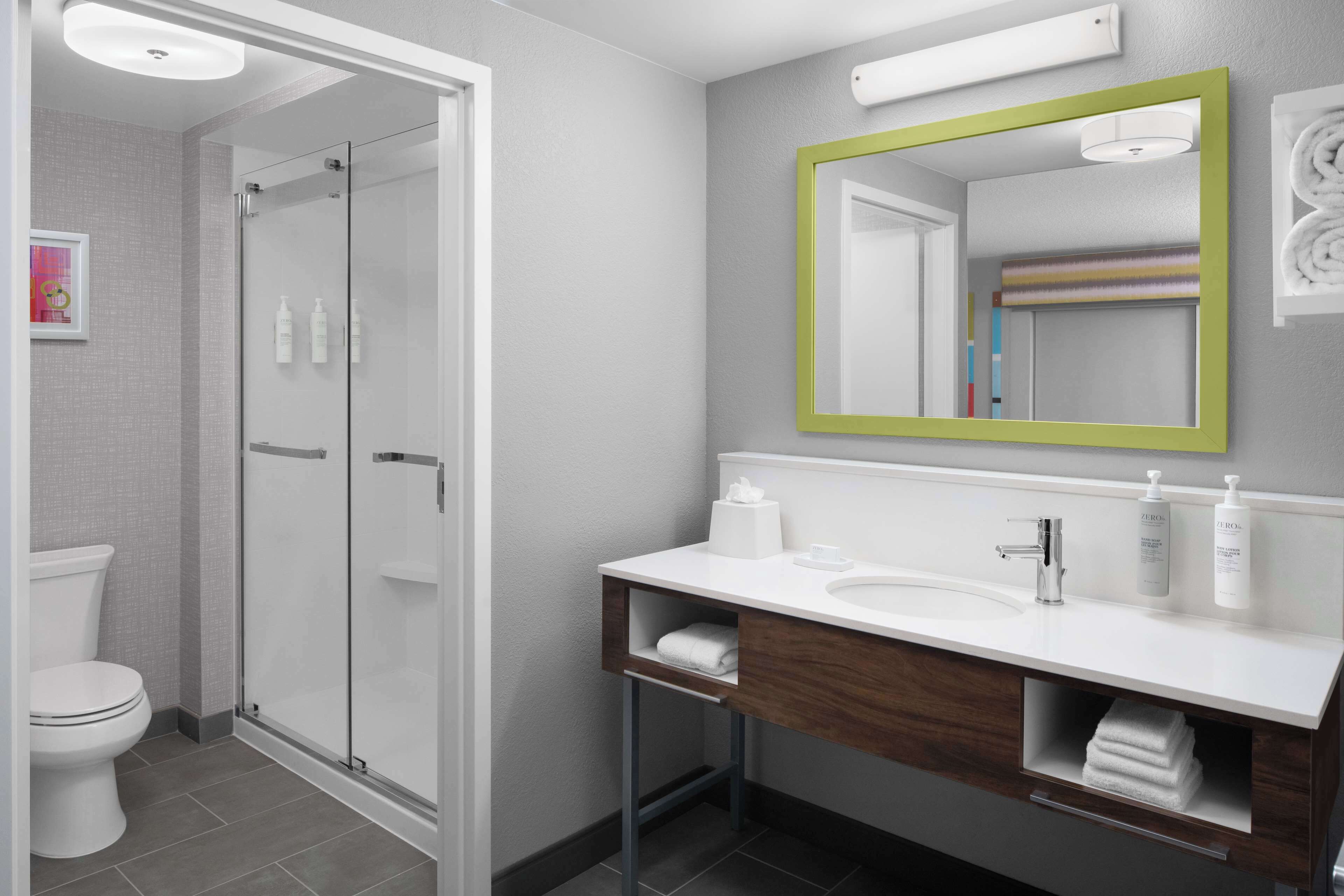 hair dryer, towels, soap, shampoo