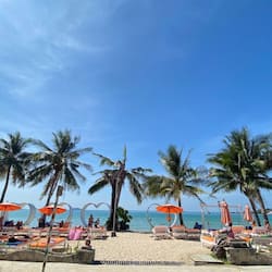 On the beach, free beach cabanas, sun-loungers, beach umbrellas