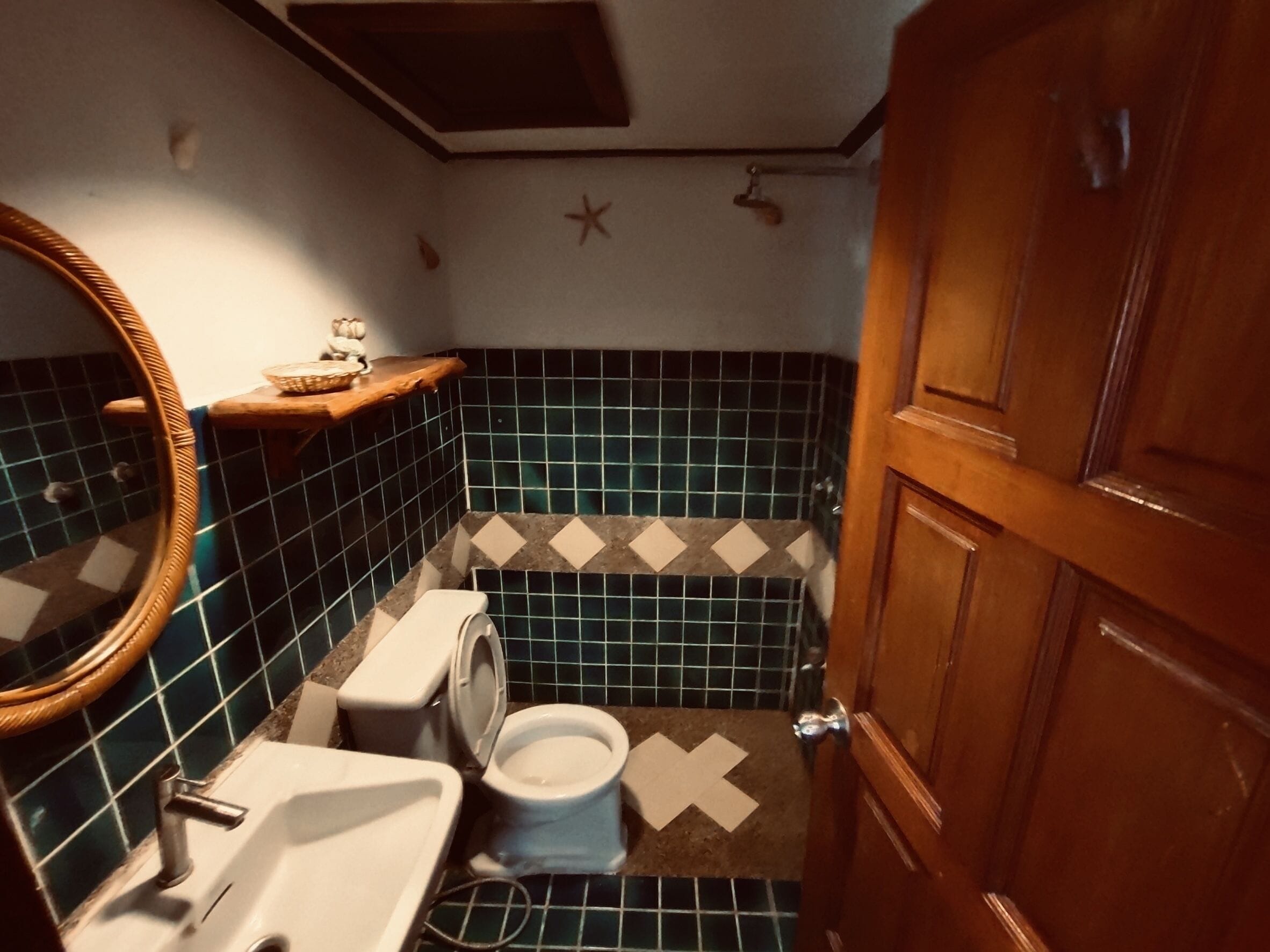 Een kleine badkamer met toilet, wastafel en spiegel. De wanden zijn betegeld met een blauw-wit patroon.
