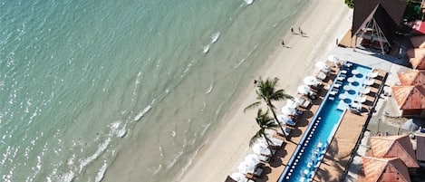 Vista aérea de un resort frente a la playa con piscina, tumbonas y palmeras.