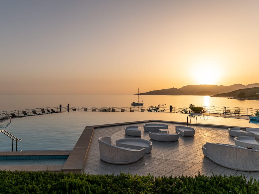 Outdoor pool, pool umbrellas, pool loungers