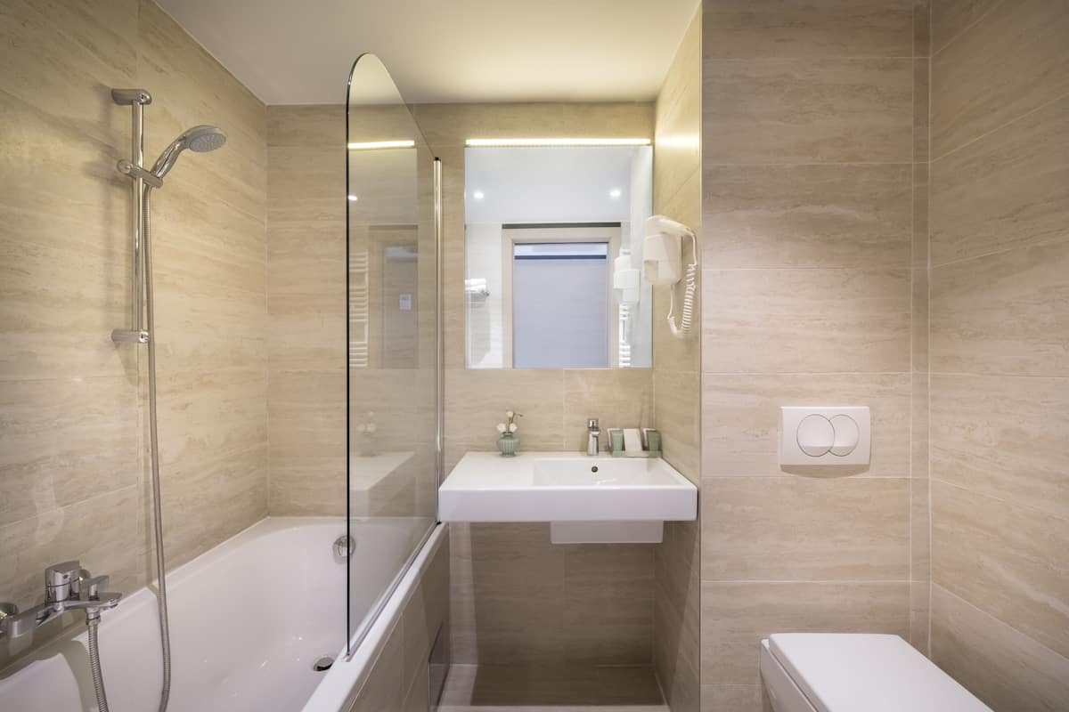 shower, free toiletries, hair dryer, towels