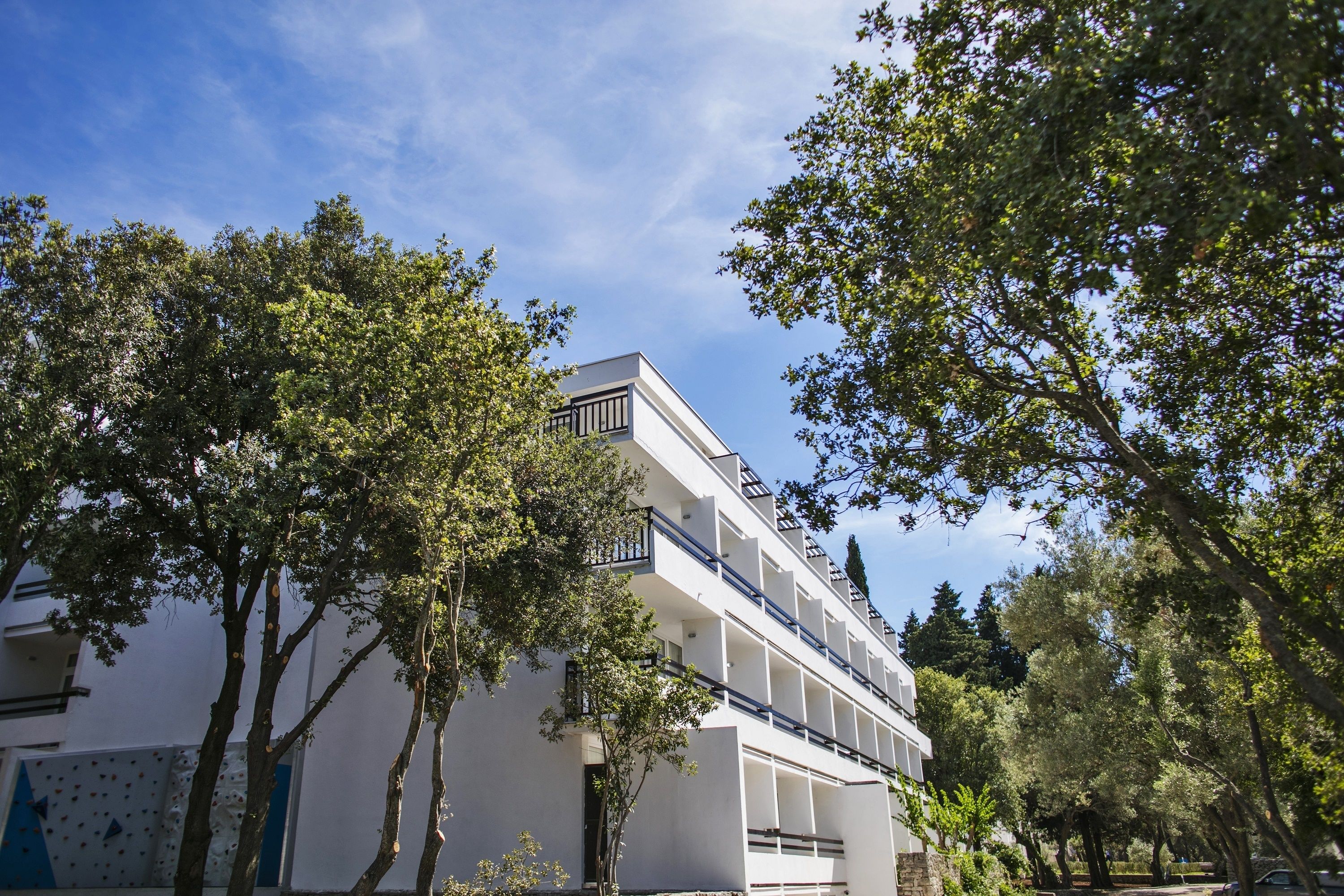 Un bâtiment moderne doté de nombreux balcons et d’une façade blanche, entouré d’arbres.