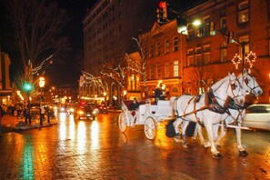 A horse-drawn carriage on a city street at night.