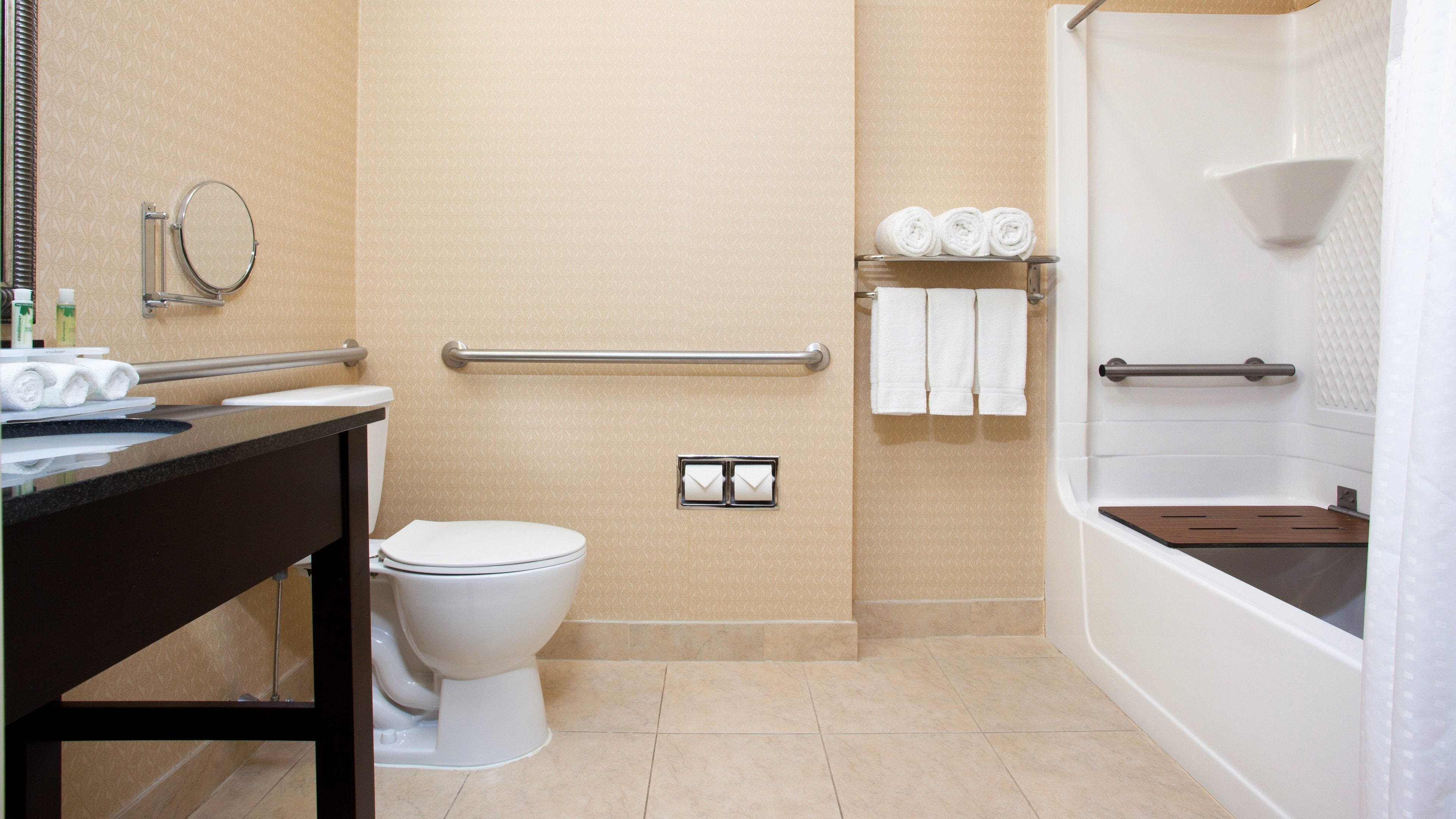 Une salle de bain moderne équipée de toilettes, d’un lavabo et d’une douche. Elle comprend également une barre d’appui, un porte-serviettes et un miroir.