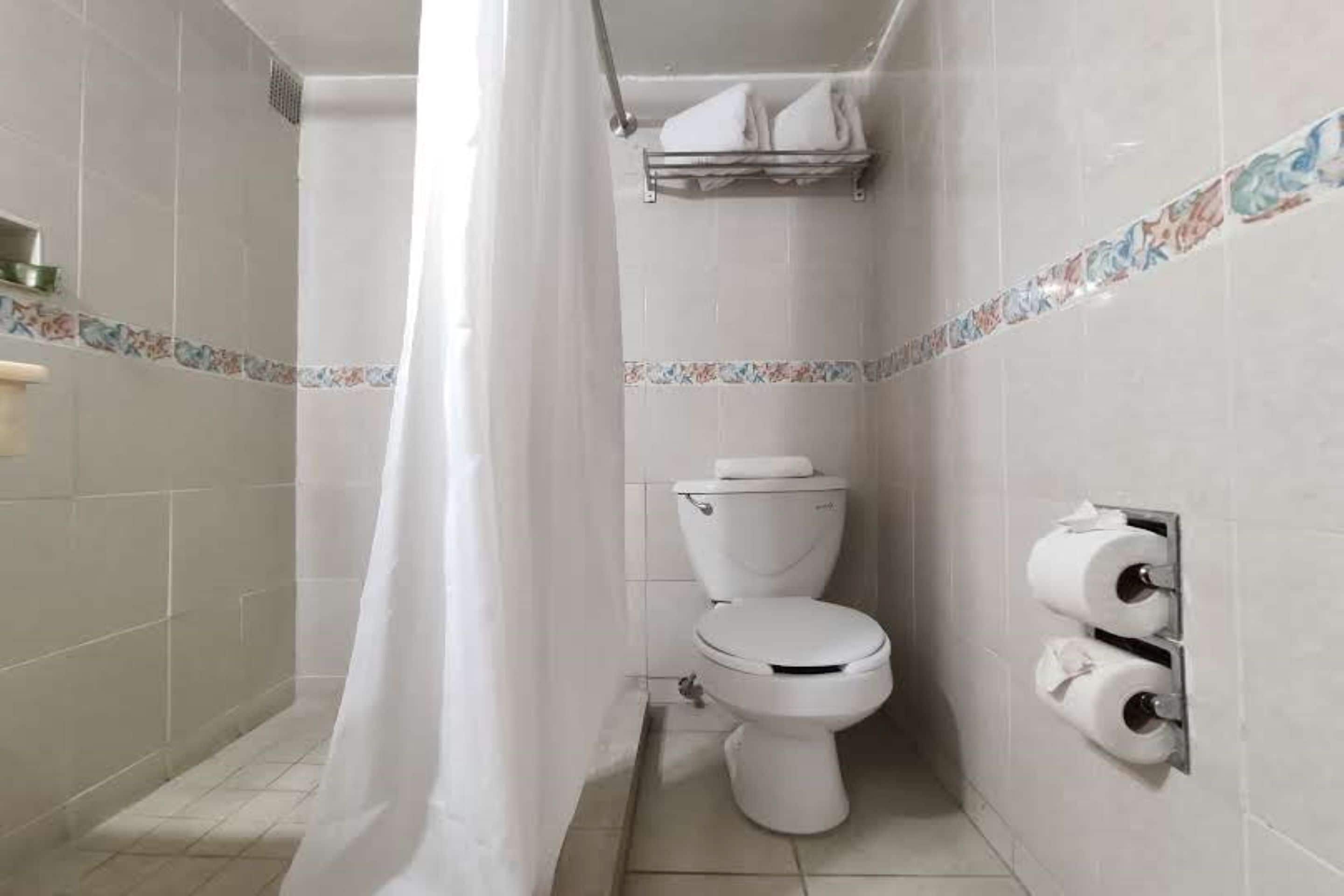 Een kleine, praktische badkamer met toilet, douchegordijn en toiletrolhouder.