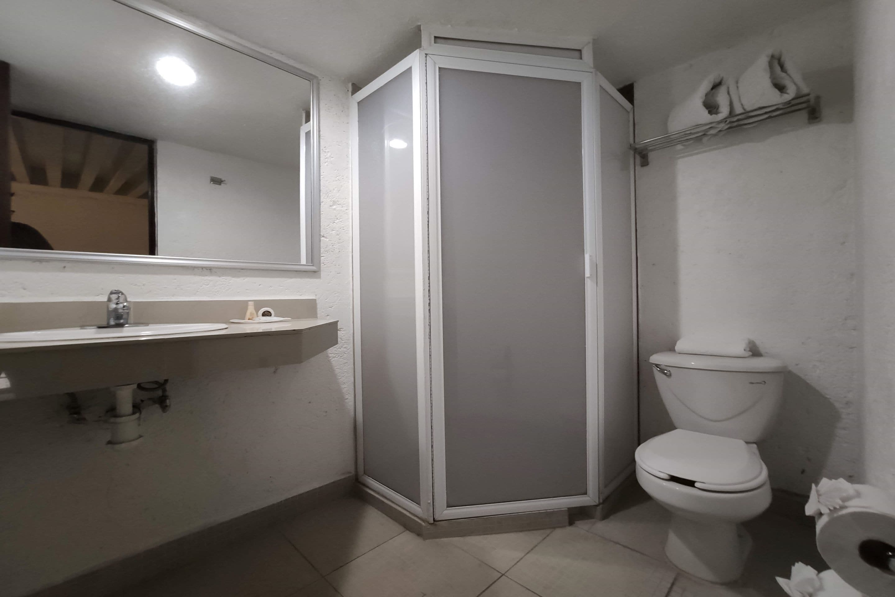A bathroom with a shower enclosure, toilet, and sink.