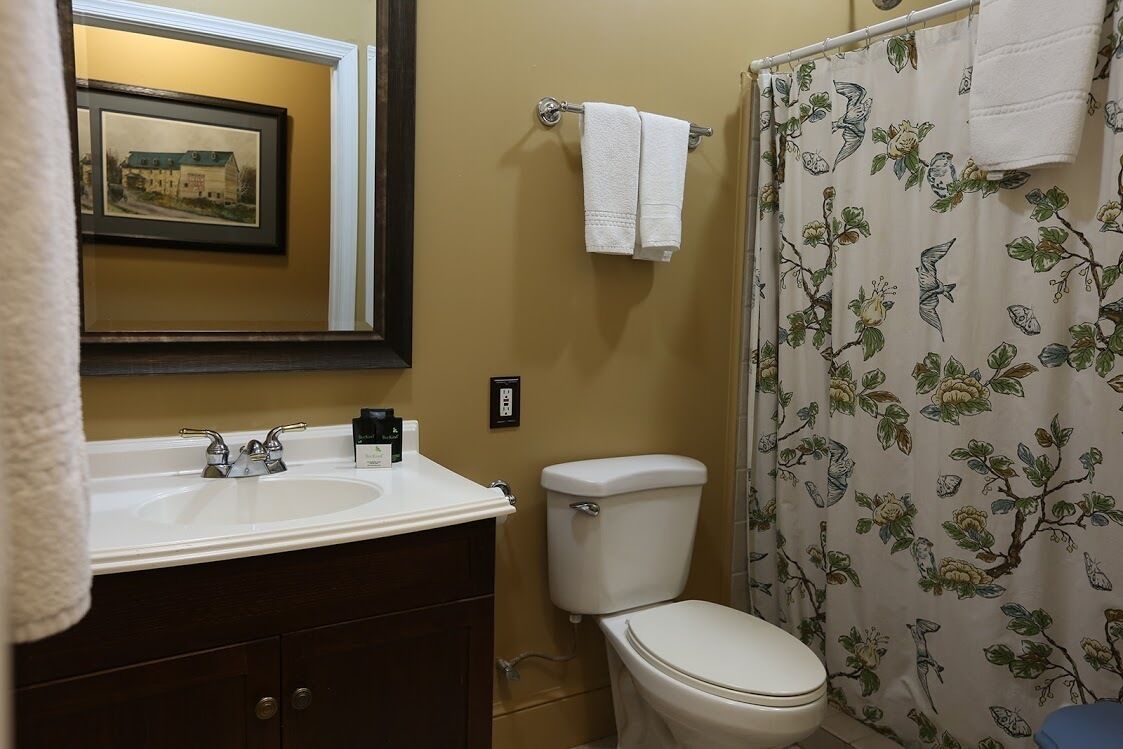 Un baño con un lavamanos blanco, un inodoro y una cortina de ducha estampada con motivos florales.