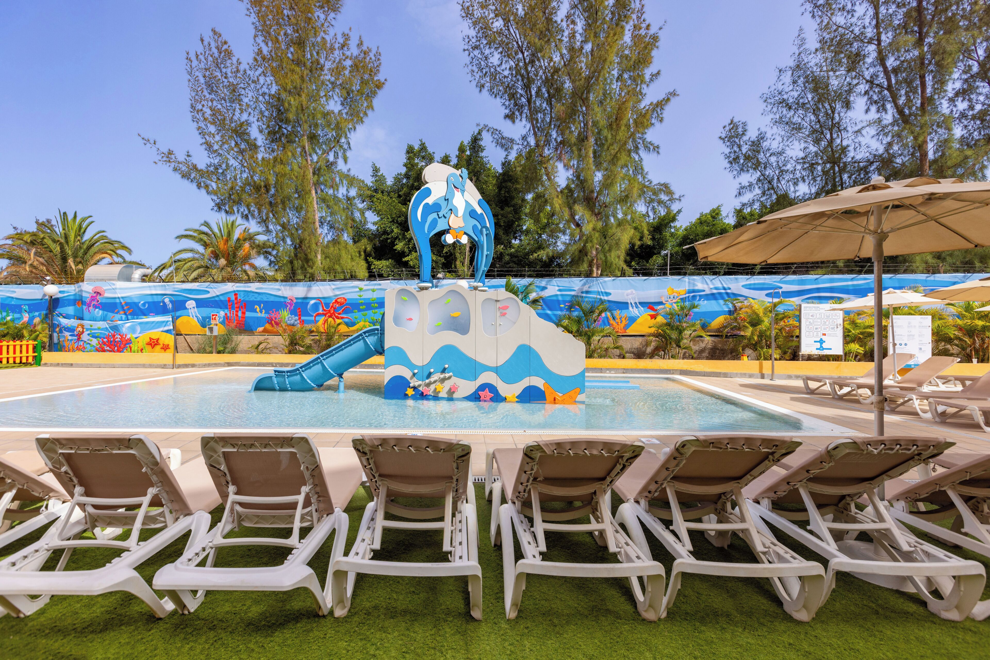 A pool area with a dolphin slide, lounge chairs, and a mural of an underwater scene.