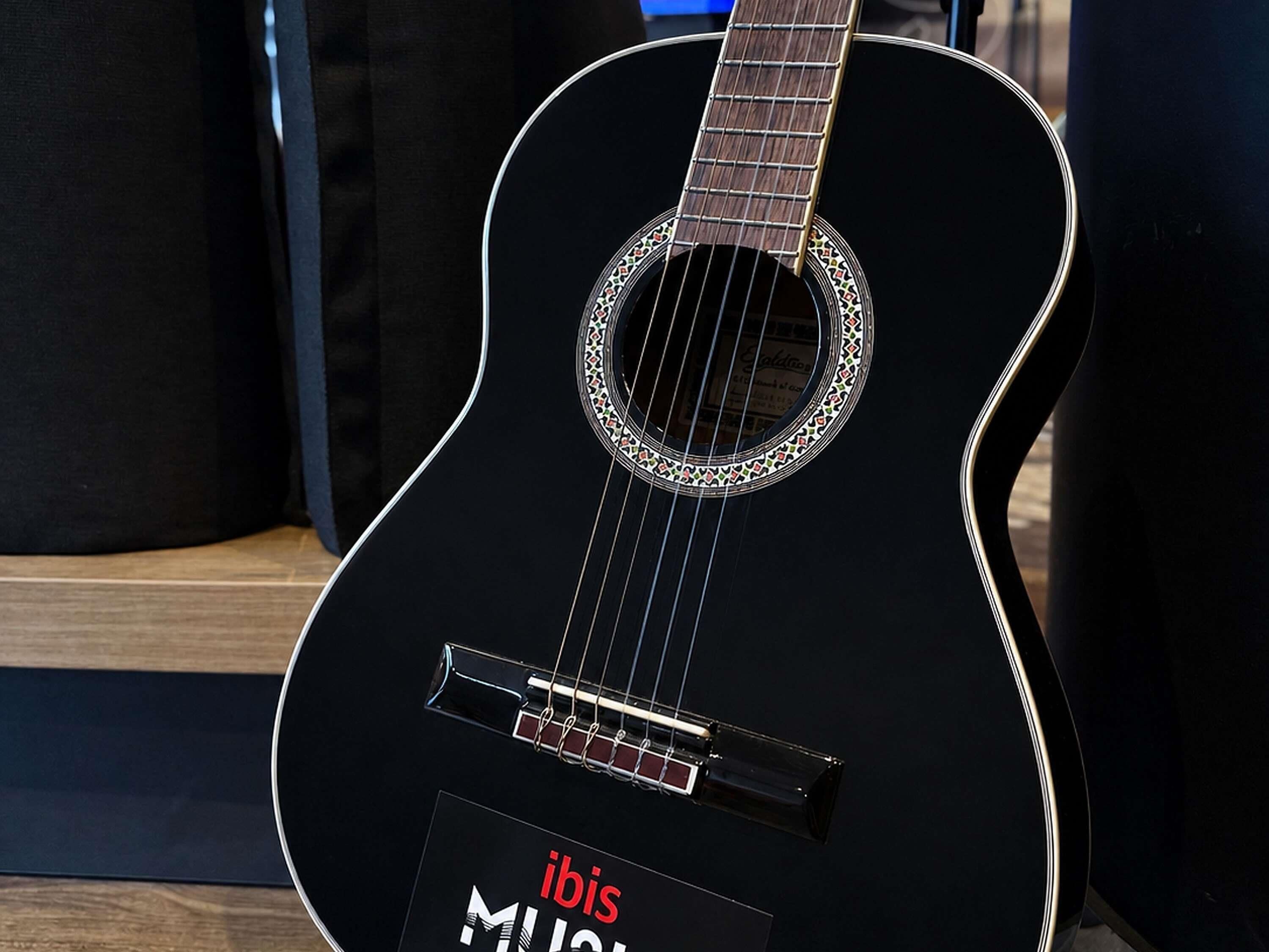 A black guitar with a circular sound hole and a logo on the body.
