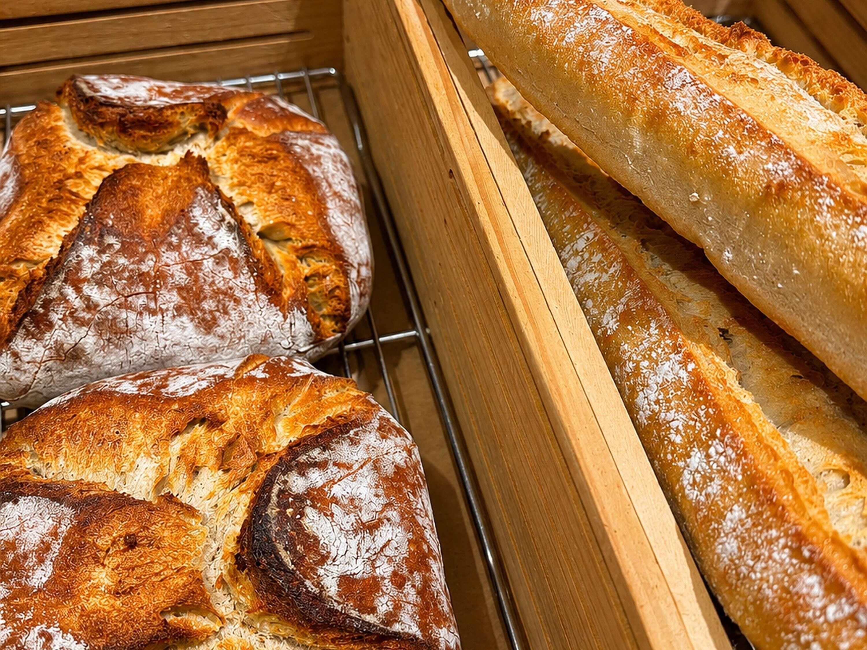Un espositore di legno con diversi tipi di pane.