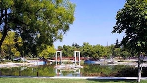 Un parque con un estanque, árboles y un pabellón.