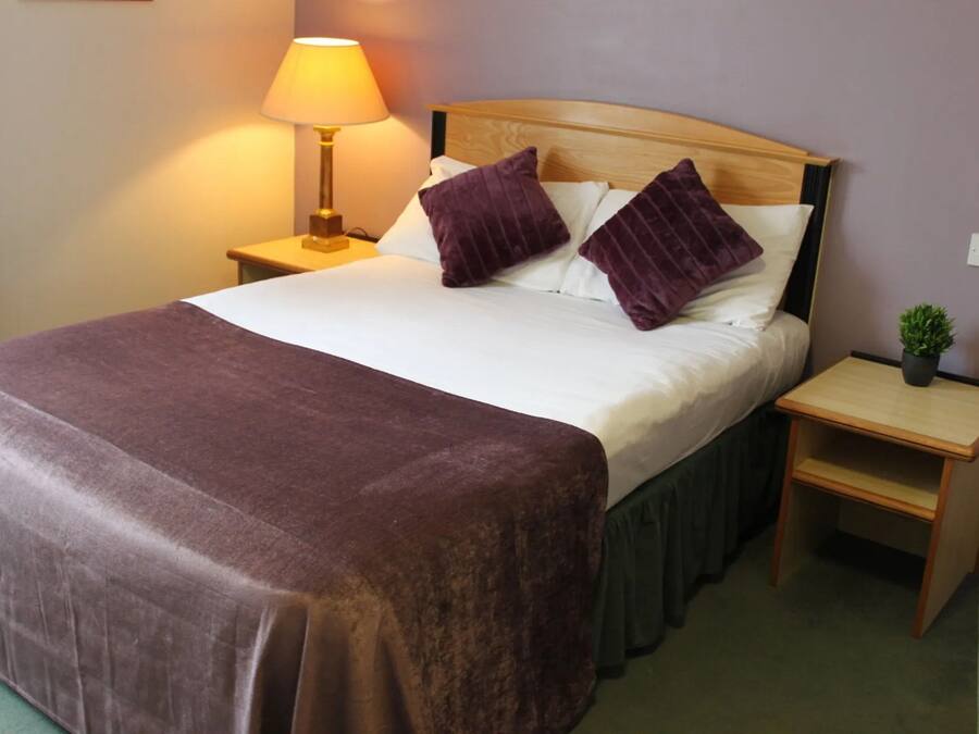 A neatly made bed with a brown bedspread, two purple pillows, and a wooden headboard. There is a nightstand with a lamp and a small potted plant beside the bed.