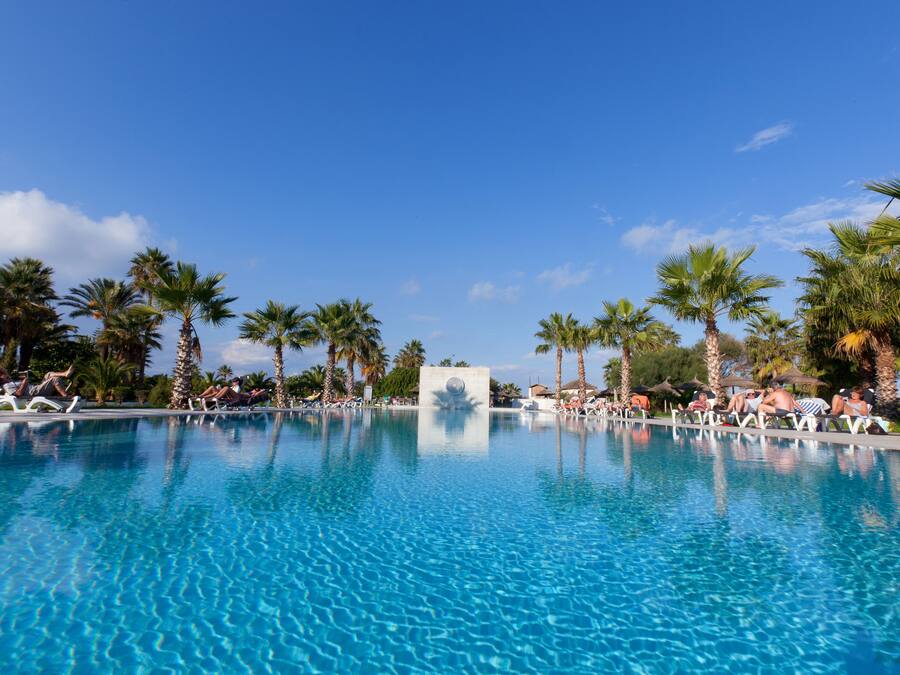 Un'ampia piscina cristallina circondata da palme e lettini prendisole.