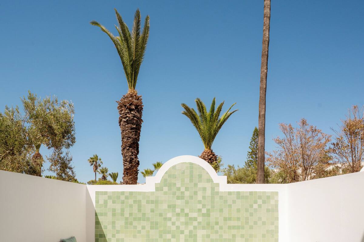 A pool area with a tiled wall, seating, and palm trees.