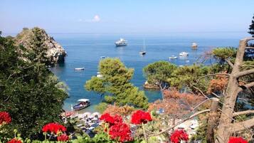 Une vue sur la côte, avec des bateaux, des arbres et un promontoire rocheux.