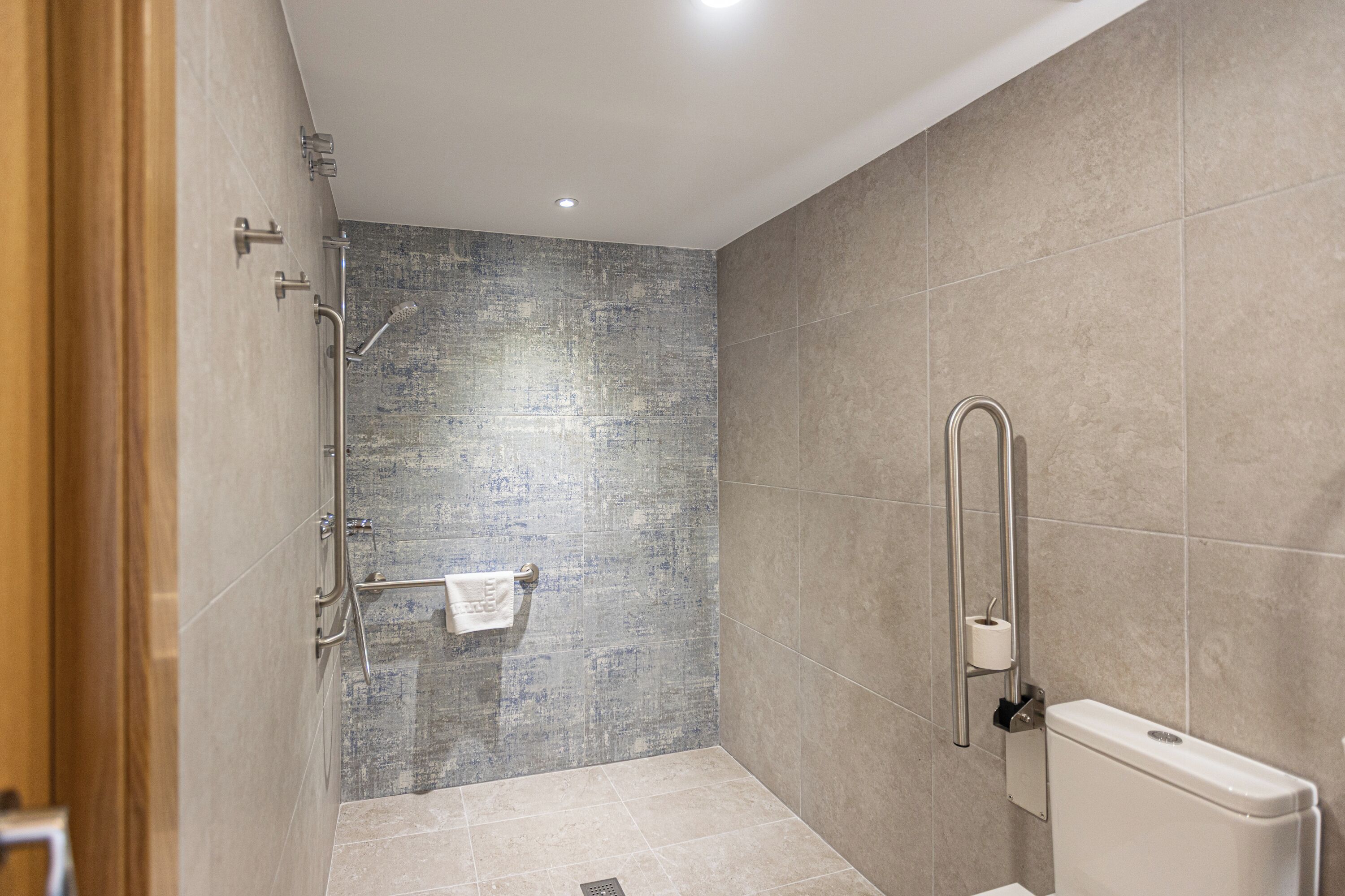 A modern bathroom with a shower, grab bars, and a toilet.